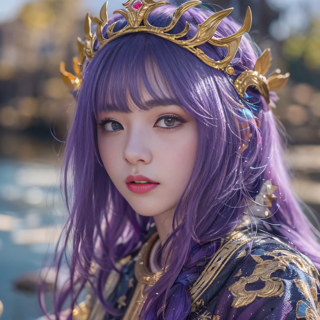 Genki Girl 32K(tmasterpiece,k hd,hyper HD,32K)Long flowing bright purple hair,Autumn Pond,zydink, a color,Silent (Back-halo), (Old blue and white scarf), Combat posture, looking at the ground, long whitr hair, Floating bright purple, Fire cloud pattern gold tiara, Chinese long-sleeved gold silk garment, (Abstract metaverse splash:1.2), white backgrounid,Lotus vitality protector(realisticlying:1.4),Bright purple hair,Smoke on the road,The background is pure, A high resolution, the detail, RAW photogr, Sharp Re, Nikon D850 Film Stock Photo by Jefferies Lee 4 Kodak Portra 400 Camera F1.6 shots, Rich colors, ultra-realistic vivid textures, Dramatic lighting, Unreal Engine Art Station Trend, cinestir 800,A girl with long flowing bright purple hair