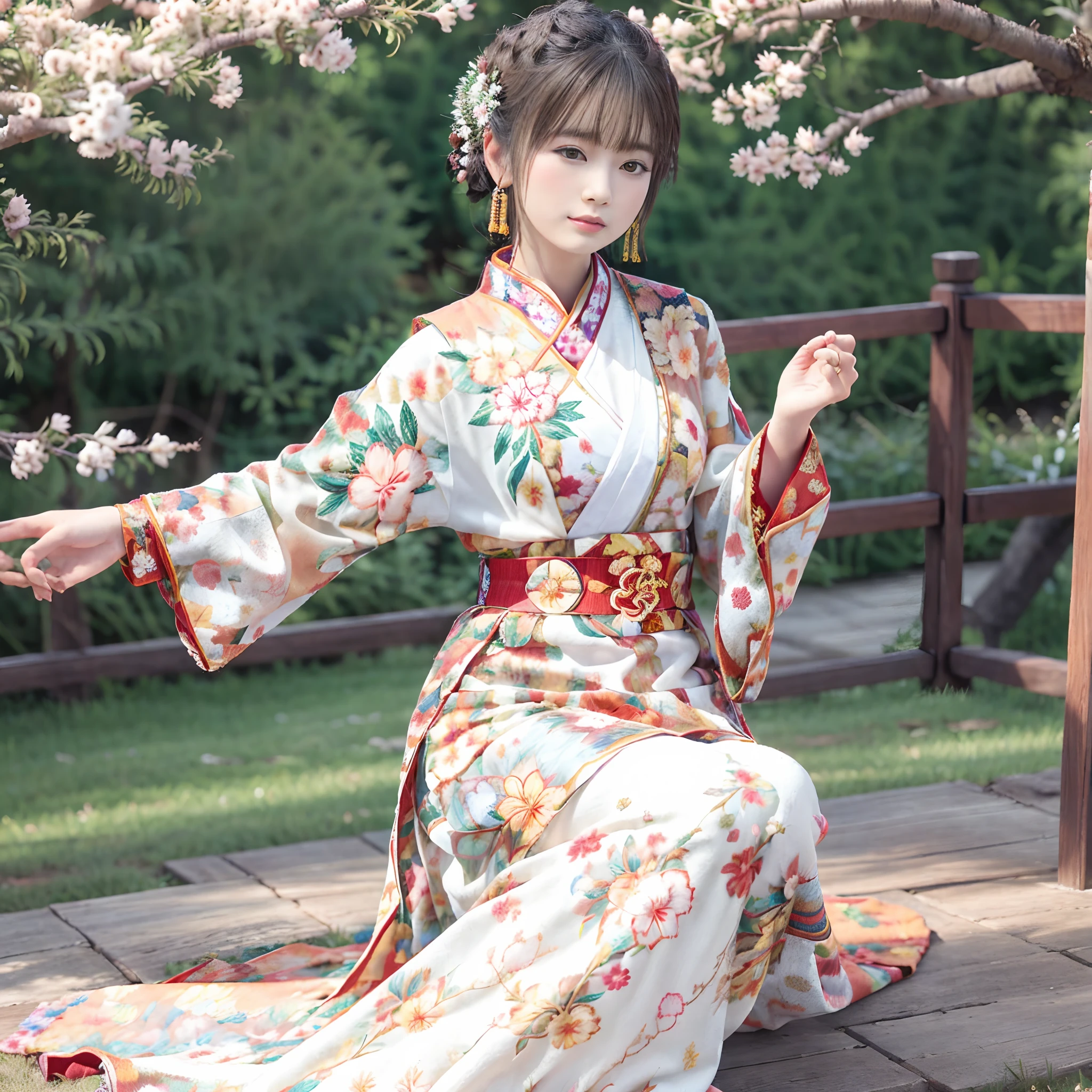 Best Quality, masutepiece, hight resolution,3女の子,Beautiful face,Full body,chinese clothes,white daoist robes,Grab the sword with your right hand (gorgeous decoration),Peach tree,