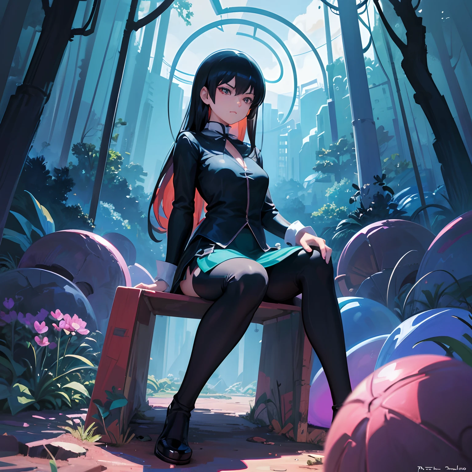 Digital 2D vector Art,Scribbles,Neo-Pixar-Anime Drawing Style. .1 Protagonist,solo,female,in a secret glade full of magic energies and steel. .close-up,full body view,sitting. Steelpunk,Arcanepunk,Magic Realism,Surreal,Dystopian Landscape. Art by Rene Magritte, Syd Mead, and Audrey Kawasaki and Yoko d'Holbachie.
