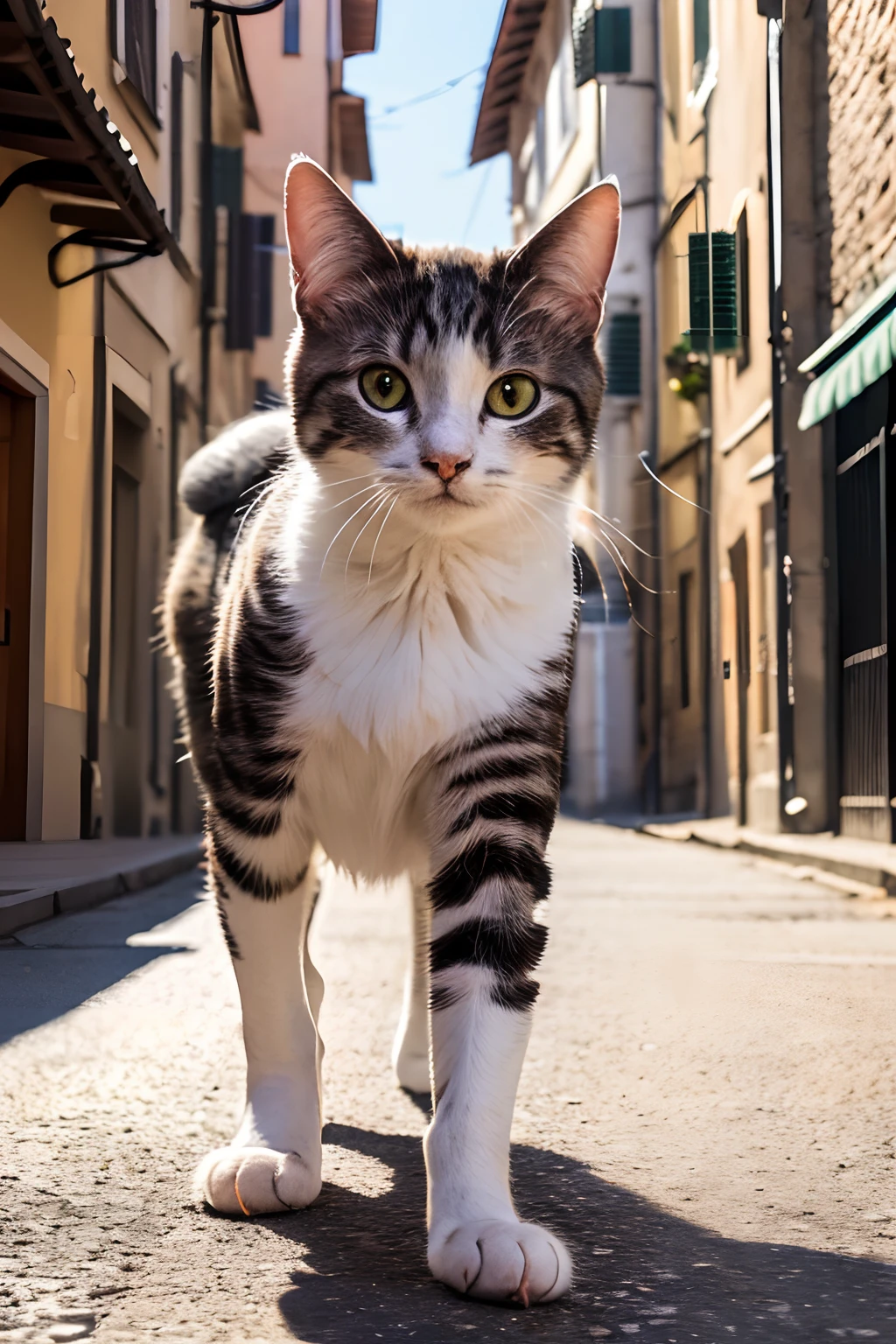 ((top-quality、​masterpiece、photographrealistic:1.4、in 8K))、Cats、(Cat strolling through beautiful Italian city)、cat eyes eyes、Very delicate and beautiful cat、Highly detailed cat、Beautiful Landscapes