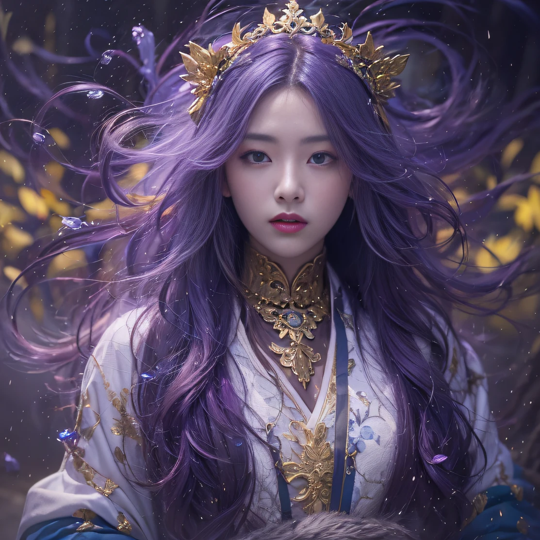 Genki Girl 32K（tmasterpiece，k hd，hyper HD，32K）Long flowing bright purple hair，Autumn Pond，zydink， a color，Silent （Back-halo）， （Old blue and white scarf）， Combat posture， looking at the ground， long whitr hair， Floating bright purple， Fire cloud pattern gold tiara， Chinese long-sleeved gold silk garment， （Abstract metaverse splash：1.2）， white backgrounid，Lotus vitality protector（realisticlying：1.4），Bright purple hair，Smoke on the road，The background is pure， A high resolution， the detail， RAW photogr， Sharp Re， Nikon D850 Film Stock Photo by Jefferies Lee 4 Kodak Portra 400 Camera F1.6 shots, Rich colors, ultra-realistic vivid textures, Dramatic lighting, Unreal Engine Art Station Trend, cinestir 800，A girl with long flowing bright purple hair