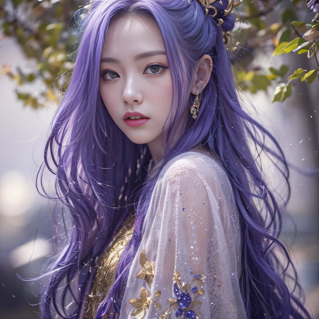 Genki Girl 32K（tmasterpiece，k hd，hyper HD，32K）Long flowing bright purple hair，Autumn Pond，zydink， a color，Silent （Back-halo）， （Old blue and white scarf）， Combat posture， looking at the ground， long whitr hair， Floating bright purple， Fire cloud pattern gold tiara， Chinese long-sleeved gold silk garment， （Abstract metaverse splash：1.2）， white backgrounid，Lotus vitality protector（realisticlying：1.4），Bright purple hair，Smoke on the road，The background is pure， A high resolution， the detail， RAW photogr， Sharp Re， Nikon D850 Film Stock Photo by Jefferies Lee 4 Kodak Portra 400 Camera F1.6 shots, Rich colors, ultra-realistic vivid textures, Dramatic lighting, Unreal Engine Art Station Trend, cinestir 800，A girl with long flowing bright purple hair