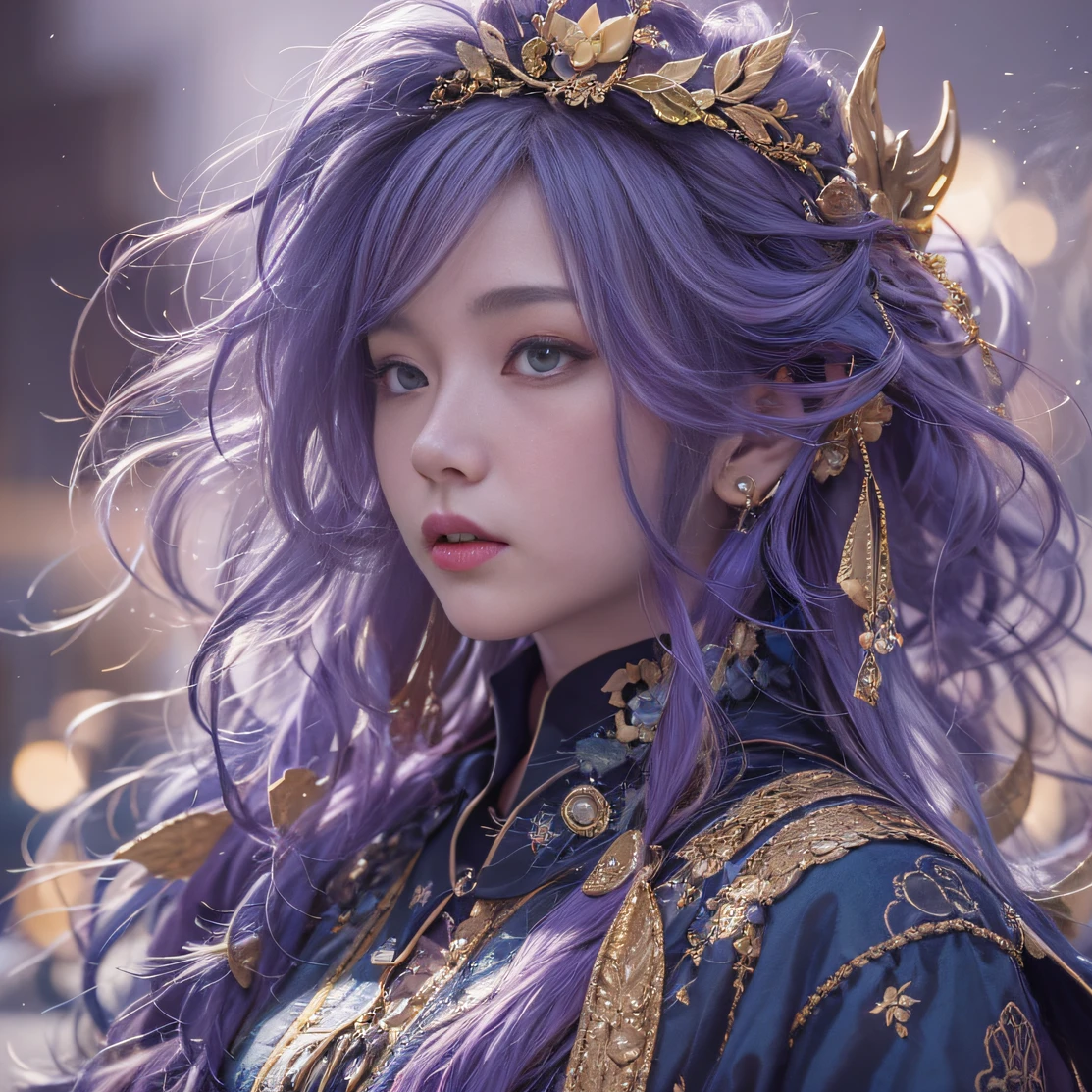 Genki Girl 32K（tmasterpiece，k hd，hyper HD，32K）Long flowing bright purple hair，Autumn Pond，zydink， a color，Silent （Back-halo）， （Old blue and white scarf）， Combat posture， looking at the ground， long whitr hair， Floating bright purple， Fire cloud pattern gold tiara， Chinese long-sleeved gold silk garment， （Abstract metaverse splash：1.2）， white backgrounid，Lotus vitality protector（realisticlying：1.4），Bright purple hair，Smoke on the road，The background is pure， A high resolution， the detail， RAW photogr， Sharp Re， Nikon D850 Film Stock Photo by Jefferies Lee 4 Kodak Portra 400 Camera F1.6 shots, Rich colors, ultra-realistic vivid textures, Dramatic lighting, Unreal Engine Art Station Trend, cinestir 800，A girl with long flowing bright purple hair