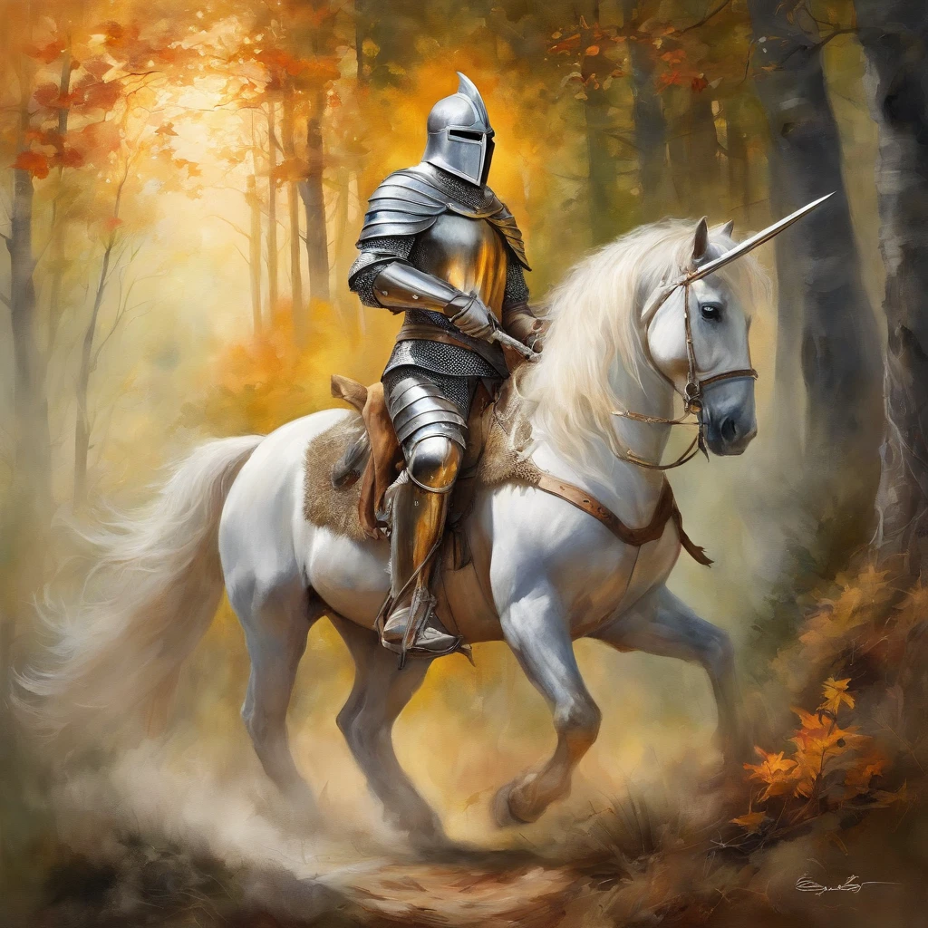 A knight armed with a flame sword rides a unicorn, Epic, Radiant, sport, Amazingly detailed, Hyperrealistic."A royal knight with a majestic aura, Dressed in shiny silver armor, Wield a European-style sword,Carrying a wooden bow, He rode on a forest trail in the field, ，Sunlight illuminates the scene.，