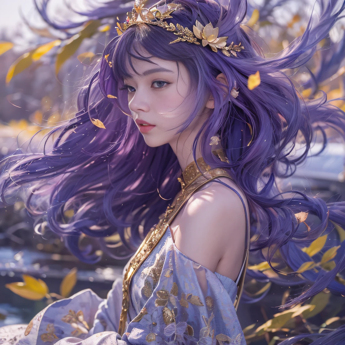 Genki Girl 32K（tmasterpiece，k hd，hyper HD，32K）Long flowing bright purple hair，Autumn Pond，zydink， a color，Silent （Back-halo）， （Old blue and white scarf）， Combat posture， looking at the ground， long whitr hair， Floating bright purple， Fire cloud pattern gold tiara， Chinese long-sleeved gold silk garment， （Abstract metaverse splash：1.2）， white backgrounid，Lotus vitality protector（realisticlying：1.4），Bright purple hair，Smoke on the road，The background is pure， A high resolution， the detail， RAW photogr， Sharp Re， Nikon D850 Film Stock Photo by Jefferies Lee 4 Kodak Portra 400 Camera F1.6 shots, Rich colors, ultra-realistic vivid textures, Dramatic lighting, Unreal Engine Art Station Trend, cinestir 800，A girl with long flowing bright purple hair