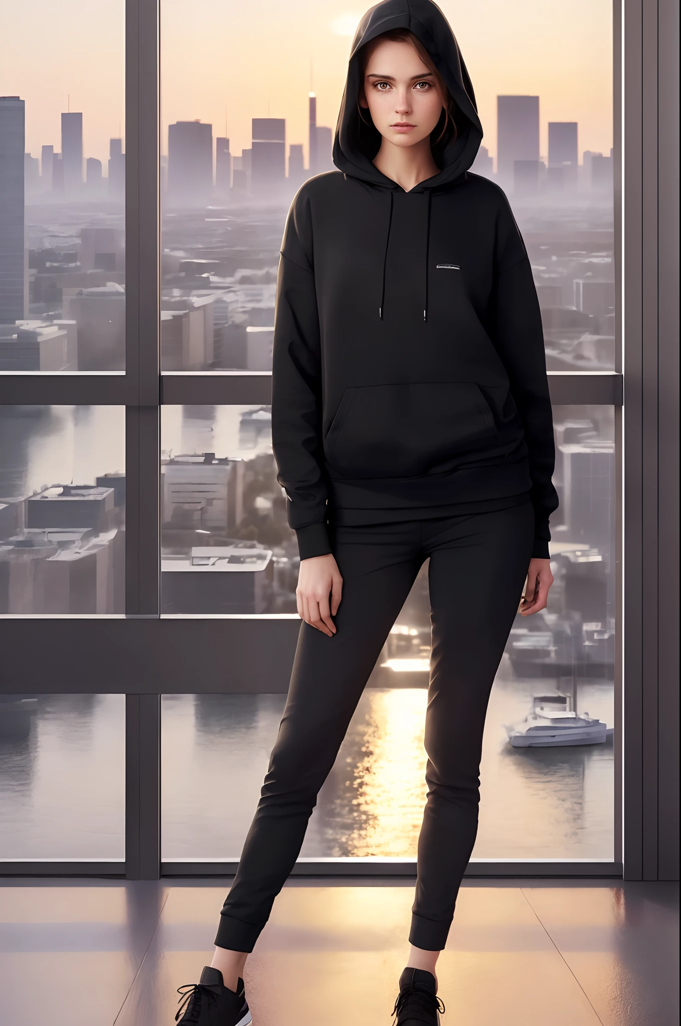 (full length view from front, Pants underneath, Casual shirt, hoodie,) ((hoodie has no drawstrings, color is black and plain unprinted)) photo of 22-year-old beautiful woman wearing diamond chain purse and tights standing in front of the city skyline at sunrise, messy medium hair, slim, mid upper body shot, looking at camera, short smile, shallow depth of field, 8k uhd, dslr, soft light, high quality, photorealism, photorealism, hyperrealism, art photography