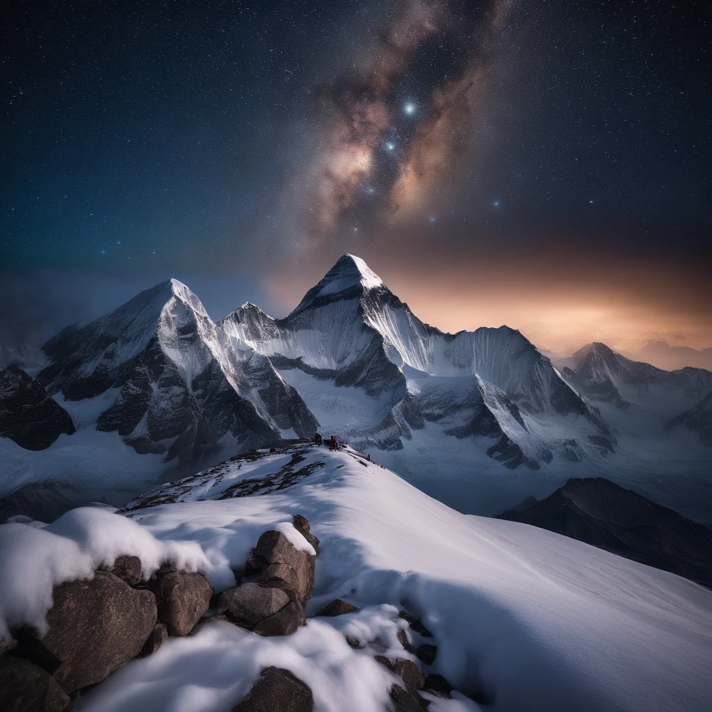 Master Parts、Superior Quality、superior image quality、The 8k quality、Beautiful pictures of the starry sky、magnifica、Arched Milky Way:1.9、Mount Everest