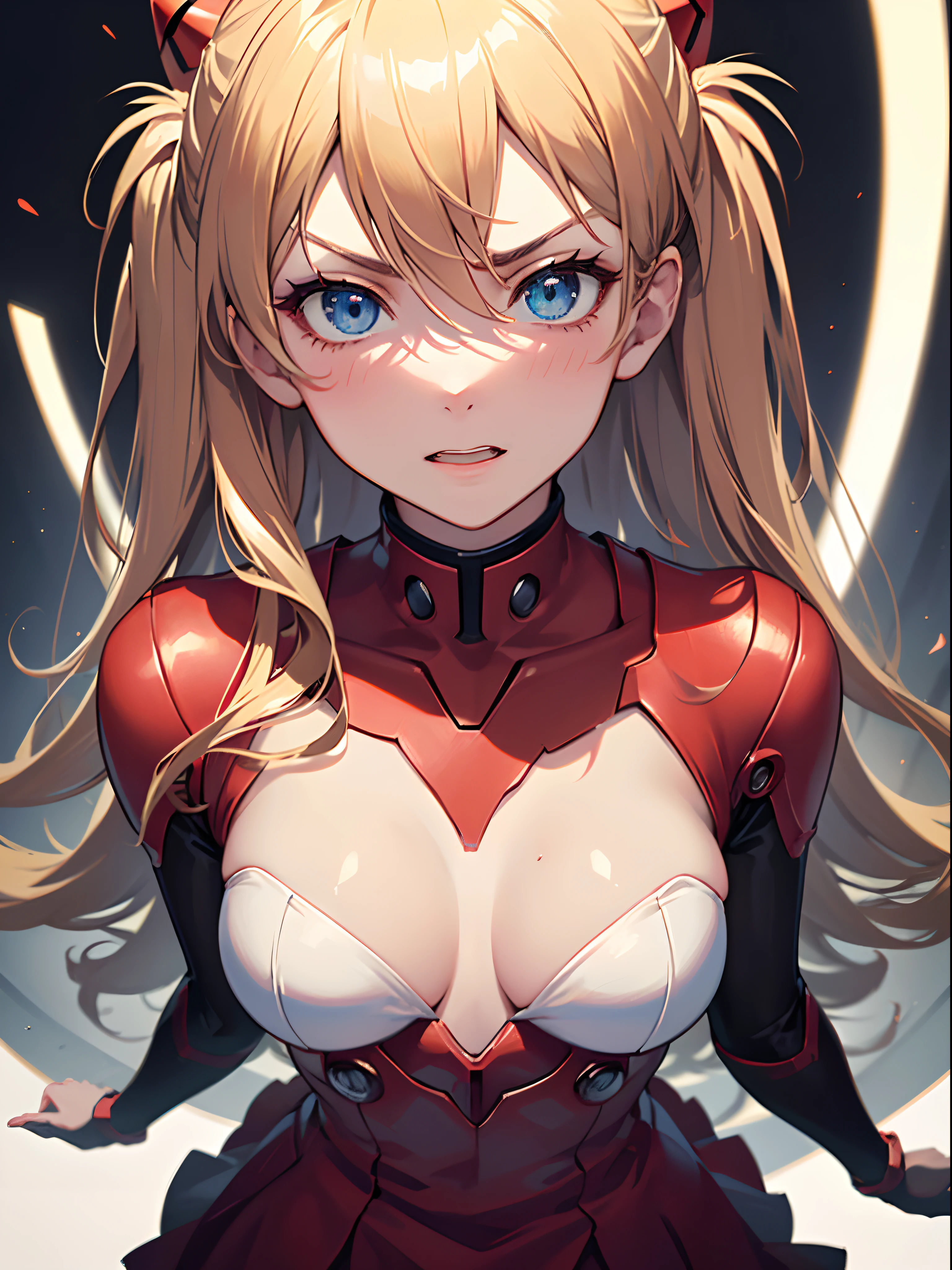 ((souryuu asuka langley,suit:1.2,dull Blonde)),(Glowing eyes:1.233), diffuse reflection, high-profile, majestic,(angry,blushing,)(Beautiful and detailed eyes:1.3),1girll,Solo,(Masterpiece,Best quality, offcial art,Target the audience, Beautiful and aesthetic:1.3),(超高分辨率,Golden ratio, (4K), looking from above,((blue earth on the background,)),Floating, (photon maping, Radio City, Physically-based rendering,automatic white balance),Amazing,Sharp focus,Rich background, (((highdetailskin,)))Dynamic lighting,Intricately detailed clothing,Glowing eyes,Watery eyes,(masterpiece sidelighting),(a beauty girl,The sheen),[[Delicate fingers and hands:0.55]::0.85],(Detail fingers),((((BREAK,Design an image with a fisheye lens effect, capturing a wide field of view with a distinctive, curved perspective.BREAK,)))Superior photographic quality,((unbelievable Ridiculous)),((extremely_Detailed_Eyes_and_face)),(Disheveled hair),Movie girl,