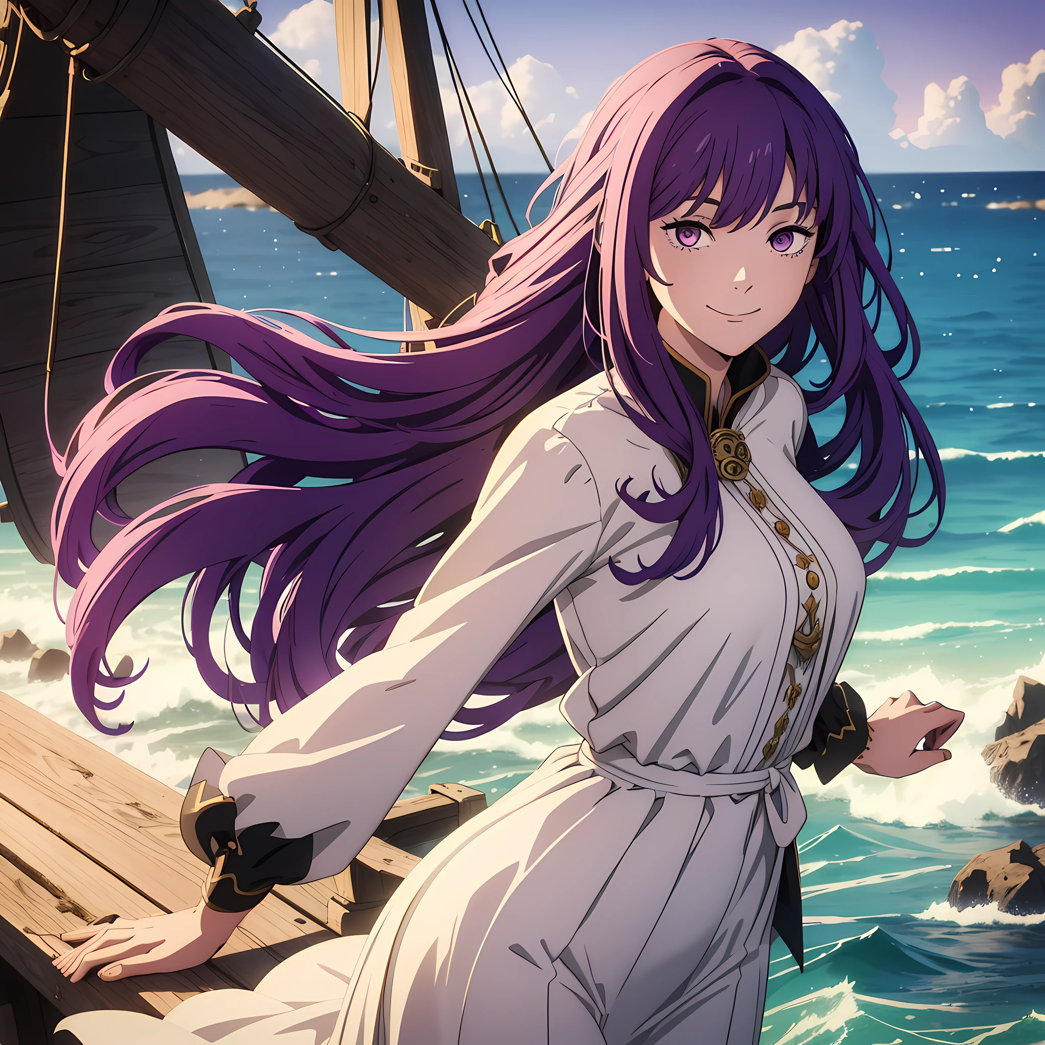 a sexy japanese woman wear pirate hat, pirate outfit, on a pirate ship, (detailed pirate ship), fog, soft light, (best quality), (masterpiece), slim, long legs, (flat chested), anime, (view from above), (purple hair)