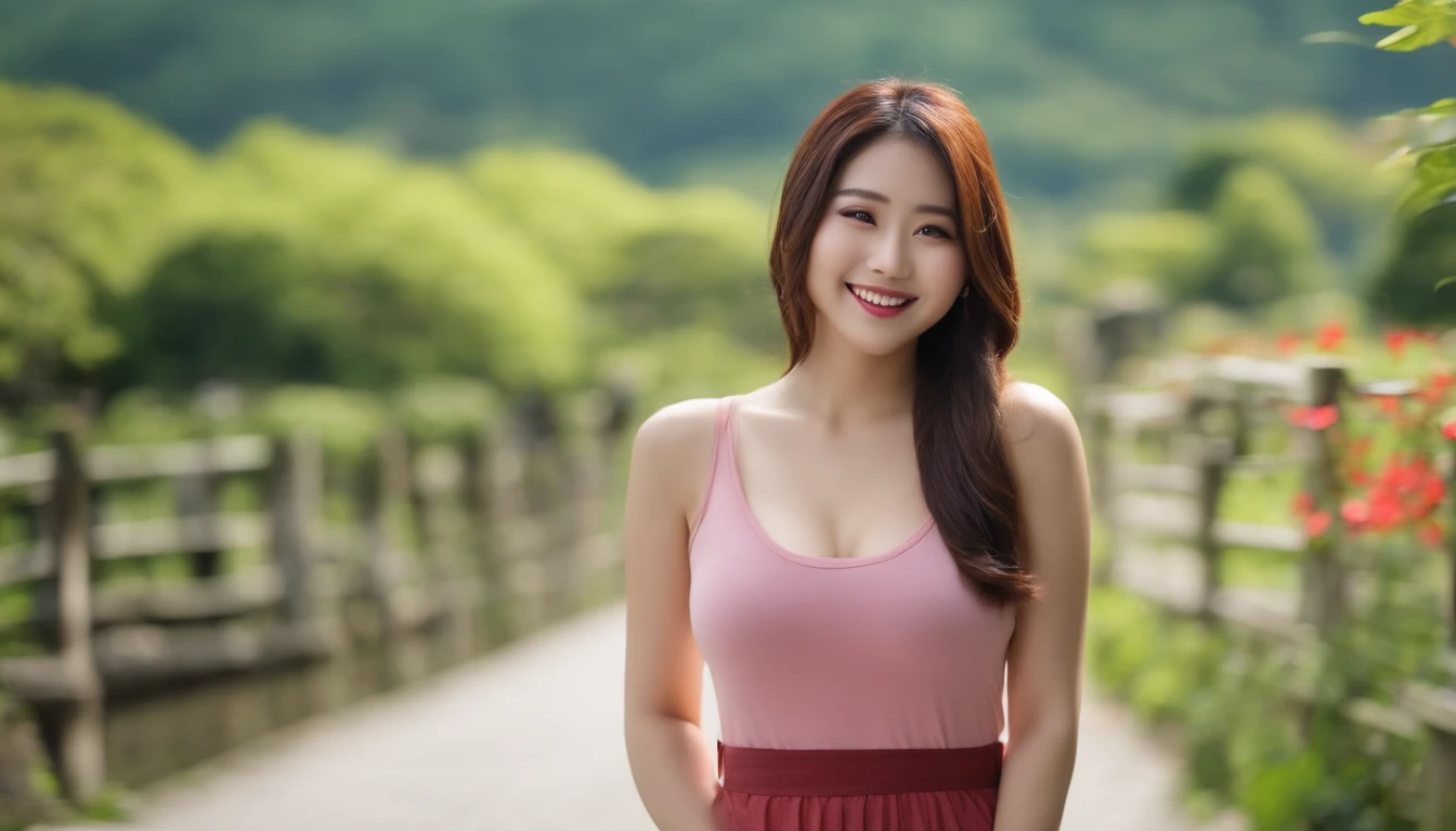 Japan beautiful、Clothes Tank Top、A woman in her 20s smiling、Large breasts、kawaii、Full body view of the front、