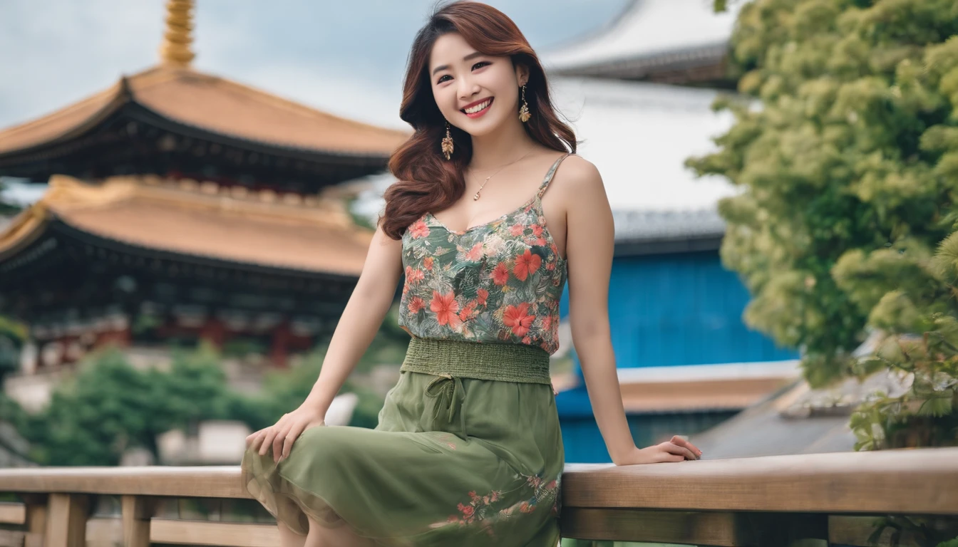 Japan beautiful、Clothes Tank Top、A woman in her 20s smiling、Large breasts、kawaii、Full body view of the front、