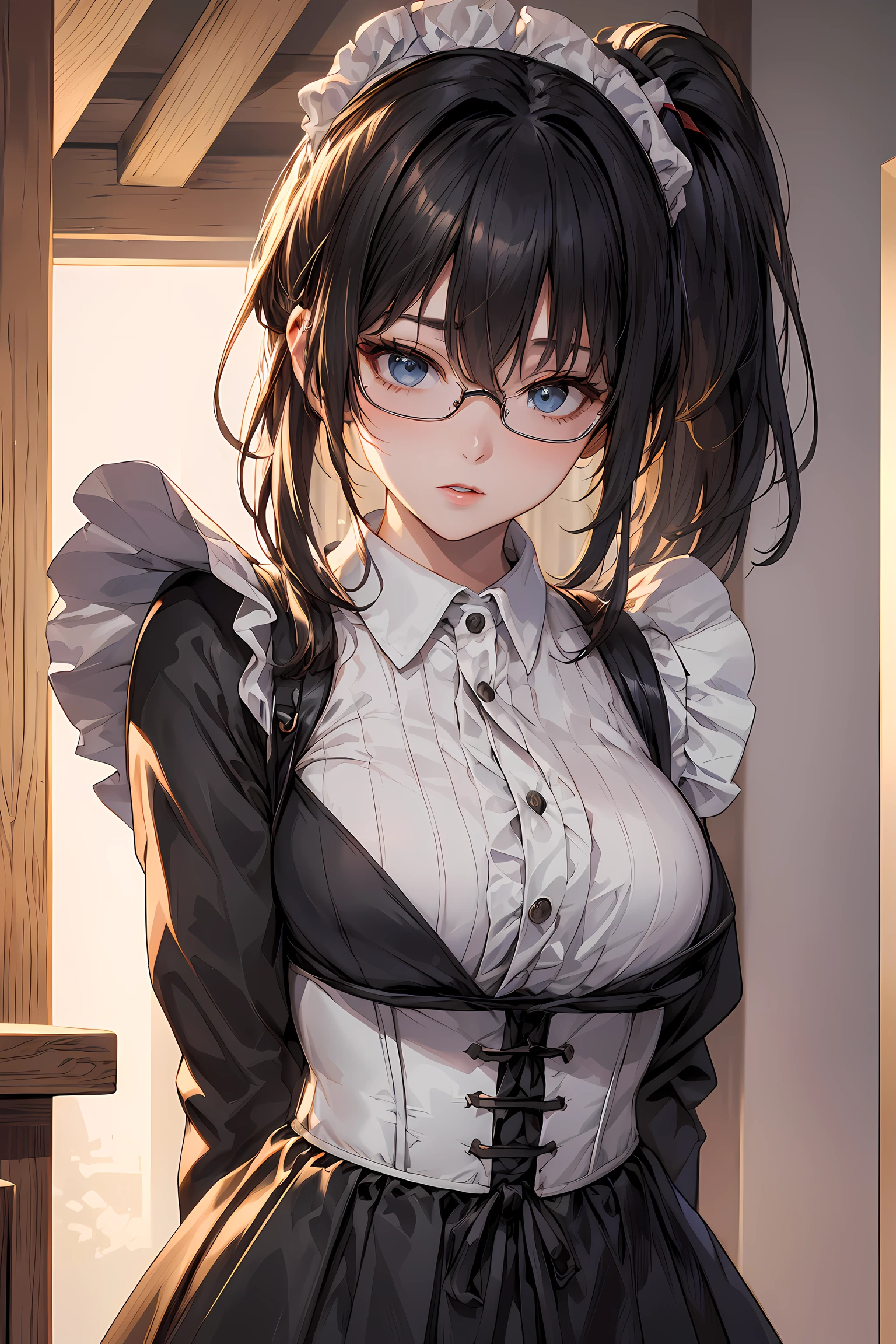 (1glasses girl:1.3, solo), (Audrey Hepburn:1.3), (a extremely pretty and beautiful Japanese woman), (sexy girl), (professional attire:1.3), (22 years old: 1.1), (from below:1.3), (low angle:1.3), (ground level shot:1.3), (girl on top:1.3), (arms behind back between legs:1.3), (attractive random posing:1.3), (in the queen's room:1.3), (look down:1.3), (starring at you:1.3), (front view:1.3), break, (ponytail:1.3), (shiny-black thin hair:1.2), bangs, dark brown eyes, beautiful eyes, princess eyes, (big eyes:1.3), bangs, wearing a glasses:1.3, Hair between eyes, short hair:1.3, (slender:1.1), (small-medium-breasts:0.95), (thin waist: 1.15), (detailed beautiful girl: 1.4), Parted lips, Red lips, full-make-up face, (shiny skin), ((Perfect Female Body)), (upper body image:1.3), Perfect Anatomy, Perfect Proportions, (most beautiful Korean actress face:1.3, extremely cute and beautiful Japanese actress face:1.3), BREAK, (View viewer, wearing a embroidery frills sexy maid uniform, (insanely detailed classical maid outfit:1.3), (white collared shirt:1.3, long-sleeve:1.3), (corset:1.3), (white apron:1.3), (black high-waist-jumper-skirt:1.3), detailed clothes, BREAK, (detailed classy queen's room background:1.2), (dark background), (Studio soft lighting: 1.3), (fake lights: 1.3), (backlight: 1.3), BREAK, (Realistic, Photorealistic: 1.37), (Masterpiece, Best Quality: 1.2), (Ultra High Resolution: 1.2), (RAW Photo: 1.2), (Sharp Focus: 1.3), (Face Focus: 1.2), (Ultra Detailed CG Unified 8k Wallpaper: 1.2), (Beautiful Skin: 1.2), (pale Skin: 1.3), (Hyper Sharp Focus: 1.5), (Ultra Sharp Focus: 1.5), (Beautiful pretty face: 1.3), (super detailed background, detail background: 1.3), Ultra Realistic Photo, Hyper Sharp Image, Hyper Detail Image,