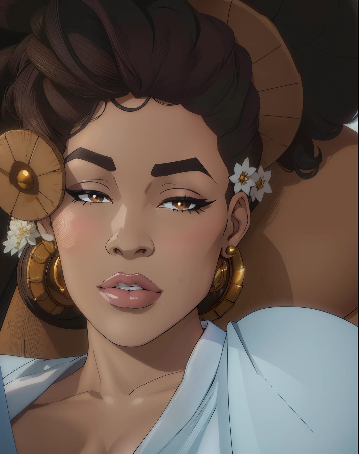a close up of an african american woman, light skin, thick eyebrows, thick lips, large eyebrows, light skin tone, perfectly lit face, relaxed eyebrows, perfect shading, detailed flawless face, clear lips and high quality, flawless face, thick fancy makeup, gorgeous latina face