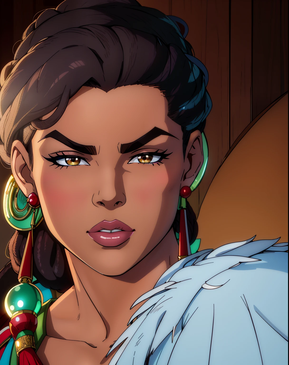 a close up of an african american woman, light skin, thick eyebrows, thick lips, large eyebrows, light skin tone, perfectly lit face, relaxed eyebrows, perfect shading, detailed flawless face, clear lips and high quality, flawless face, thick fancy makeup, gorgeous latina face