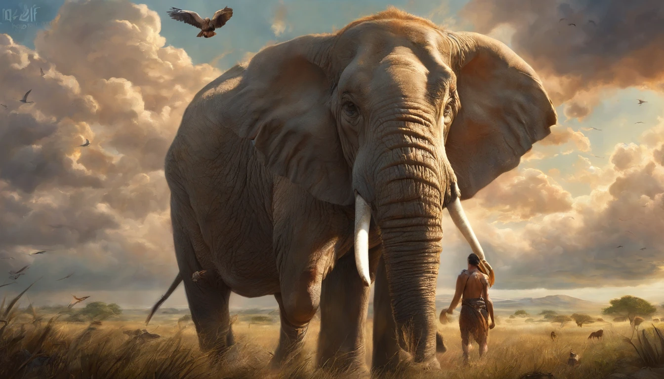 man in the clouds surrounded by many animals, realistic, oil painting, detailed, dreamy color palette, majestic lighting, fluffy clouds, peaceful atmosphere, vast landscape, a lion standing beside him, birds flying in the sky, a deer grazing nearby, a gentle breeze blowing his hair, the man wearing a flowing cloak, eyes filled with wonder, birds in vibrant colors, soft rays of sunlight streaming through the clouds, an elephant gracefully walking in the distance, the man's face serene and contemplative, the animals looking at him with trust and admiration, a sense of harmony and unity in the scene.
