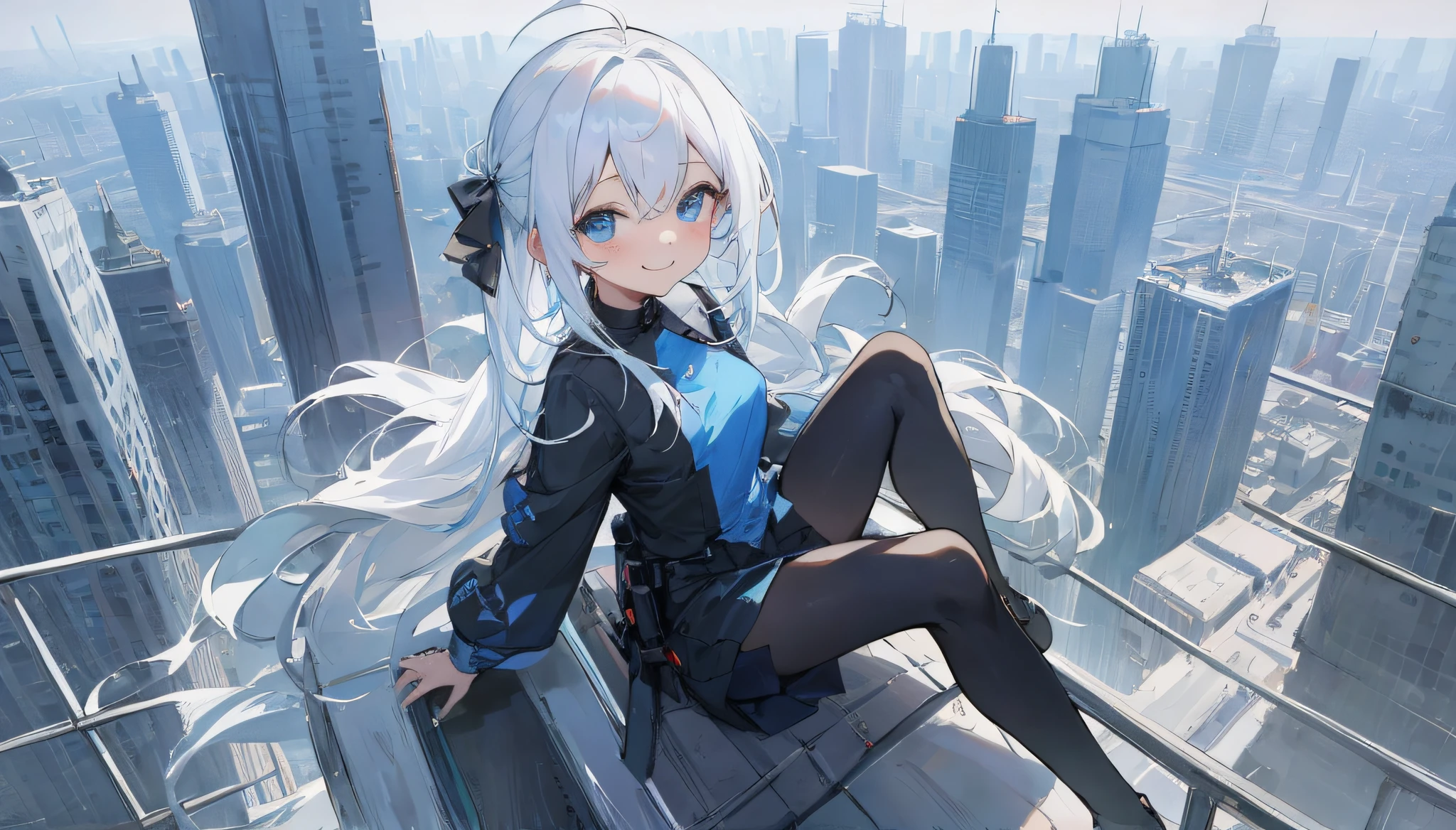anime girl , sit on skyscraper , loli , blue eyes , white hair , smile
