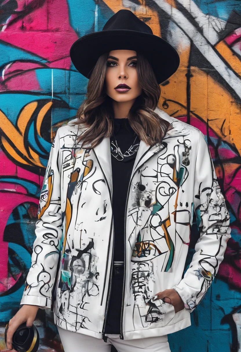 The model wears a white jacket and a black hat, In the style of 32K UHD, Rococo elegance, Vintage style design, bold curves, ferrania p30, Limited color range,Graffiti style