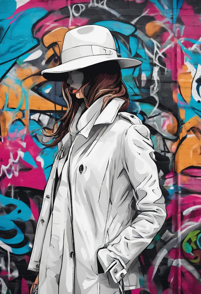 The model wears a white jacket and a black hat, In the style of 32K UHD, Rococo elegance, Vintage style design, bold curves, ferrania p30, Limited color range,Graffiti style