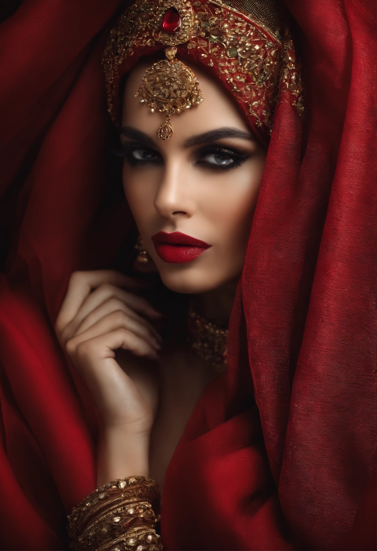 Make a woman with only a veiled face, joias batom vermelho