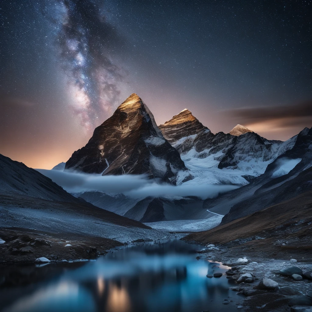 Master Parts、Superior Quality、superior image quality、The 8k quality、Beautiful pictures of the starry sky、magnifica、Arched Milky Way:1.9、Mount Everest