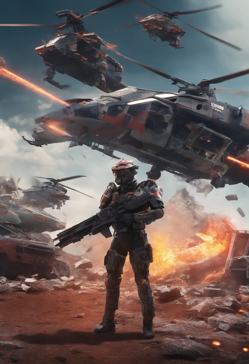 Male Post-apocalyptic combat scene with hyper-realistic photography with Runic tattoos, ((cara suja Sangue jorrado)), Kaftan, (((vestindo armadura mecha pesada completa, Combat Harness, Destaques Neon))) Dreadlocks Vermelhos Curtos, Pose de combate, (((Holding next to a Sci-Fi Combat helicopter))), exterior of destroyed building, fires, smoke billowing, escombros, Rede de camuflagem, Ammunition boxes, chuva, tempestuoso, Wet, beleza abstrata, near perfection, forma pura, detalhes intrincados, 8K post-production, high resolution, Super Detalhe, trending on ArtStation, foco nítido, studio photos, detalhes intrincados, Very detailed, Directed by: Greg Rutkowski