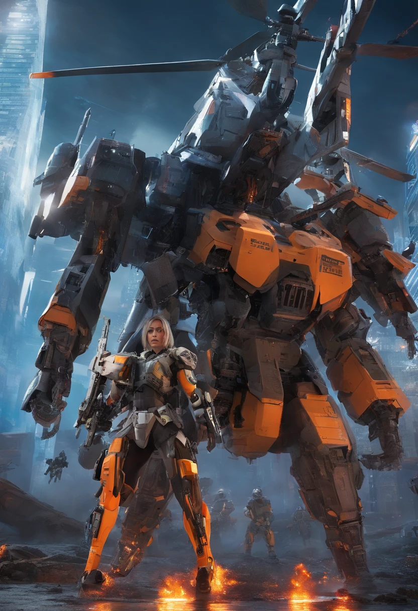 Male Post-apocalyptic combat scene with hyper-realistic photography with Runic tattoos, ((cara suja Sangue jorrado)), Kaftan, (((vestindo armadura mecha pesada completa, Combat Harness, Destaques Neon))) Dreadlocks Vermelhos Curtos, Pose de combate, (((Holding next to a Sci-Fi Combat helicopter))), exterior of destroyed building, fires, smoke billowing, escombros, Rede de camuflagem, Ammunition boxes, chuva, tempestuoso, Wet, beleza abstrata, near perfection, forma pura, detalhes intrincados, 8K post-production, high resolution, Super Detalhe, trending on ArtStation, foco nítido, studio photos, detalhes intrincados, Very detailed, Directed by: Greg Rutkowski