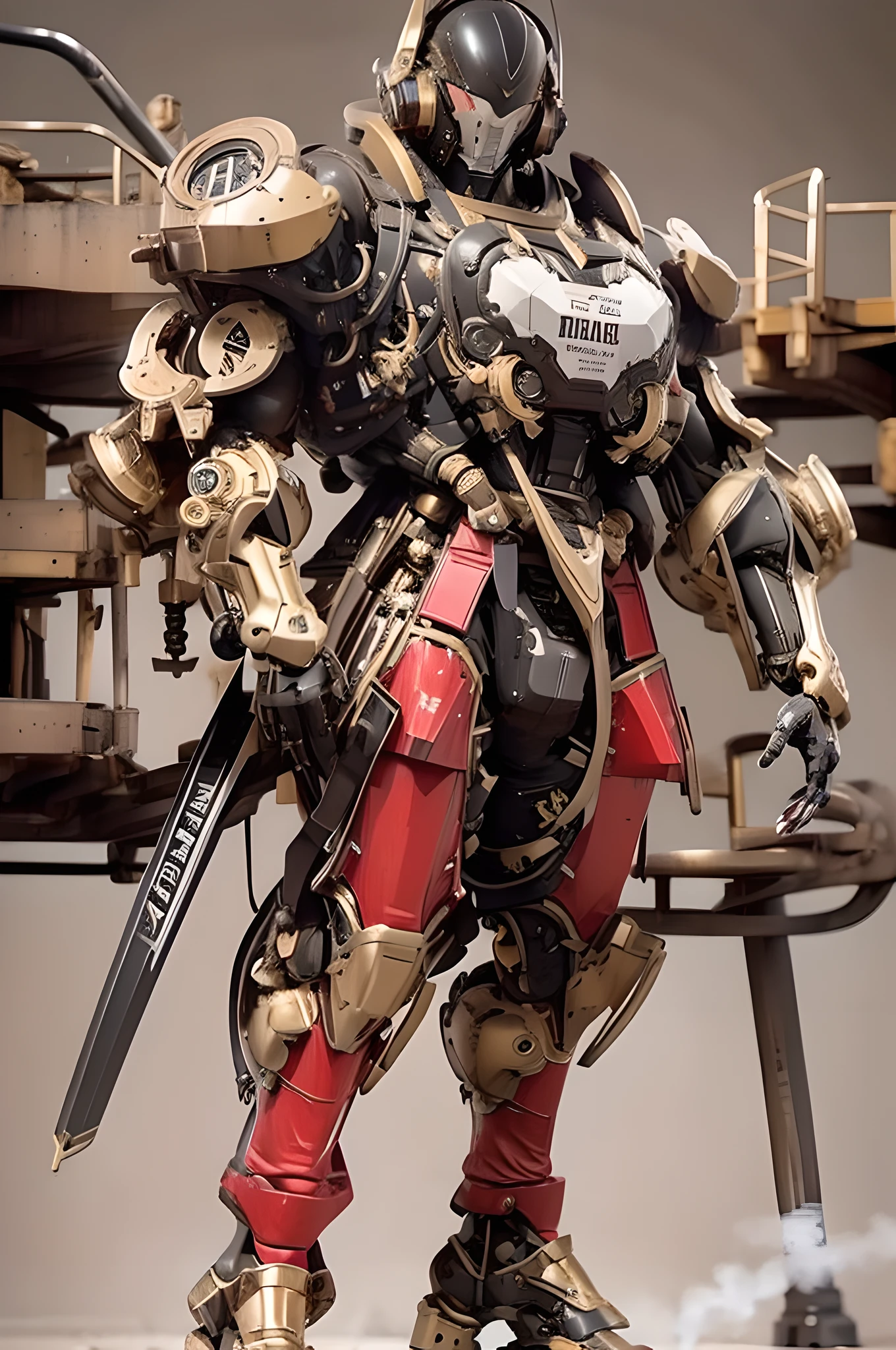 Masterpiece, centered image, front facing, full body portrait photography of ironman wearing futuristic steampunk robotic suit, bulky, muscular, ((steam engine, steam-mechanical, heavy retro-machine, steam pipes, red and gold color)) red and gold color, hyper realistic, hyper detailed mechanical, clean sharp image, 16K, HD, High Quality