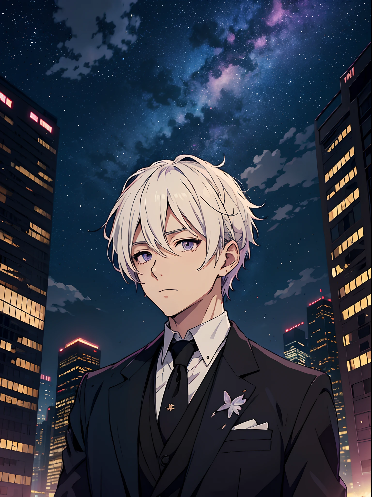 Anime Adult Guy Blonde, Purple sky, higly detailed, white colored hair, Black Jacket & Formal Wear, black undershirt, the stars, stars in thr sky, sky scrapers, High-tech city