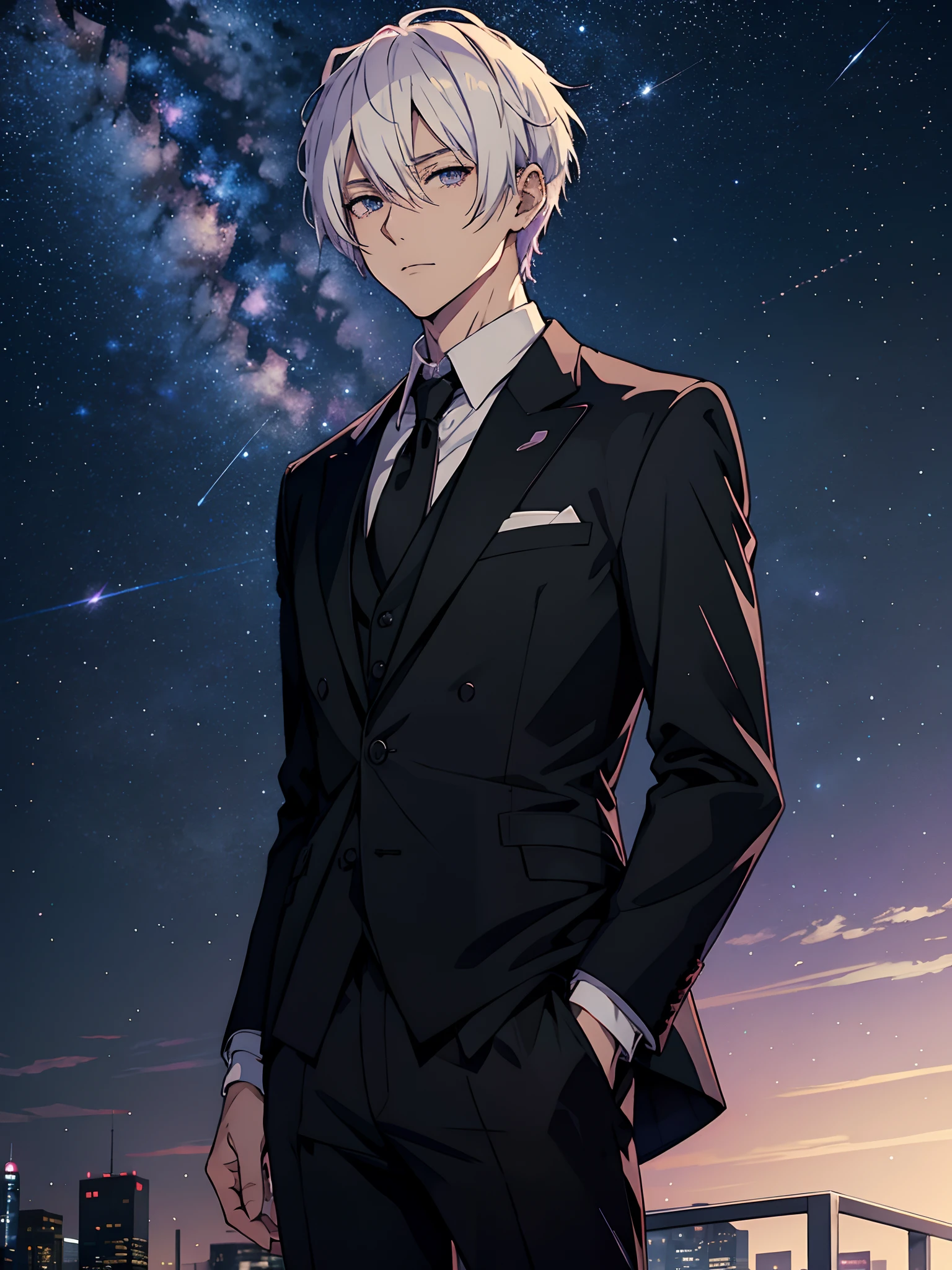 Anime Adult Guy Blonde, Purple sky, higly detailed, white colored hair, black jacket & Formal wear, black undershirt, the stars, stars in thr sky, sky scrapers, City of High Technologies