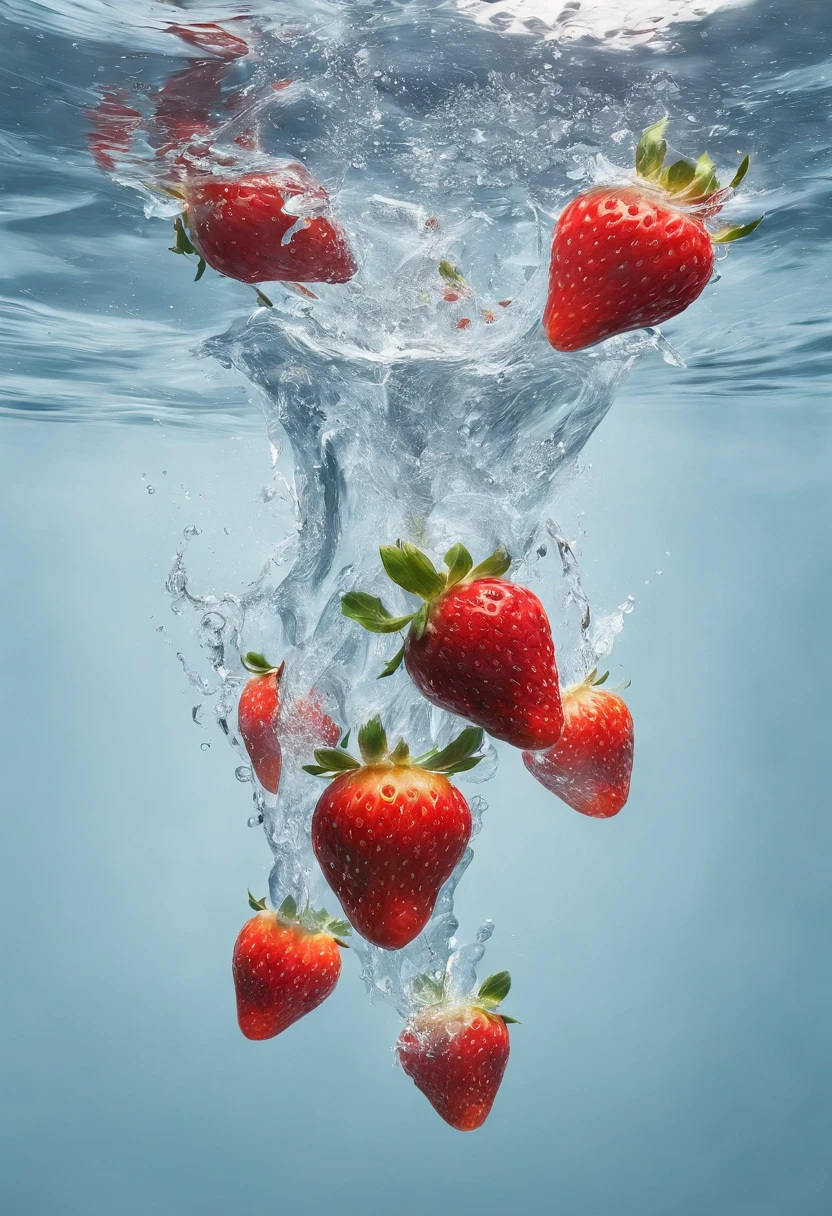 cinematic RAW photo,foto ultra real,Ultra foto realsisim,Digital SLR,soft lighting,Product photo of 5 strawberries falling into the water、Drippy、Splash clear liquid、water bloom,dynamic compositions,(master part) (best quality) (circunstanciado) (Cinematic lighting) (foco nítido) (intrincado), master part, best quality, ultrahigh-resolution, 8K UHD