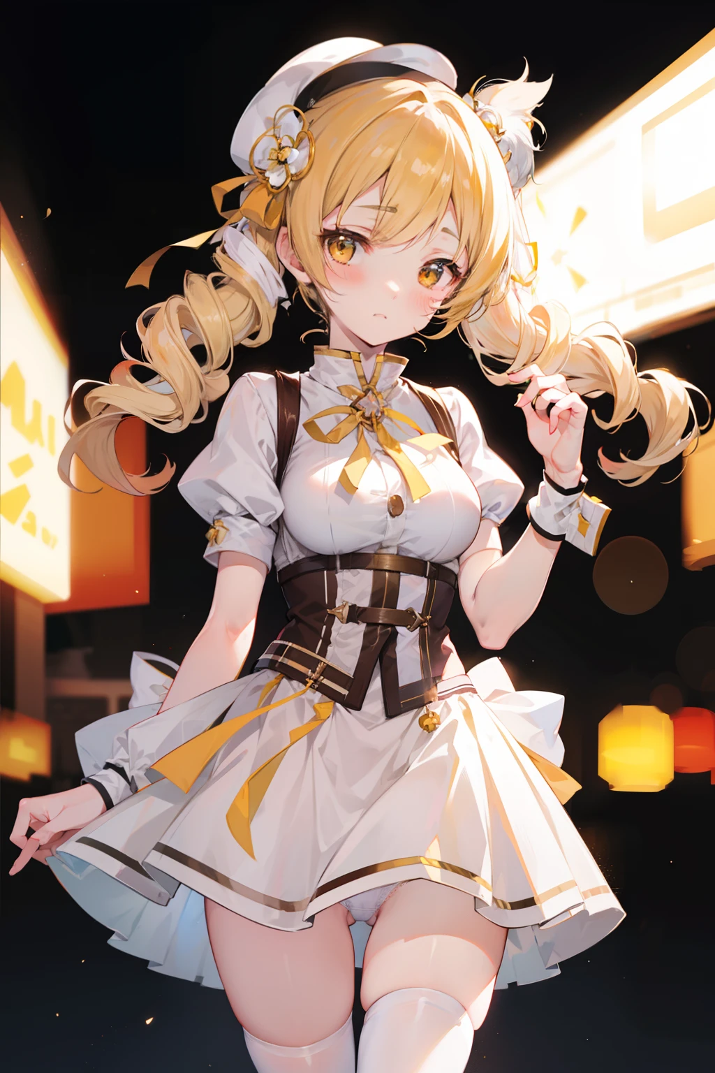 mami tomoe, delicate cute face, cinematic lighting, glow, bokeh, detailed skin, fluttering skirt, exposed white underwear, shy, blushed