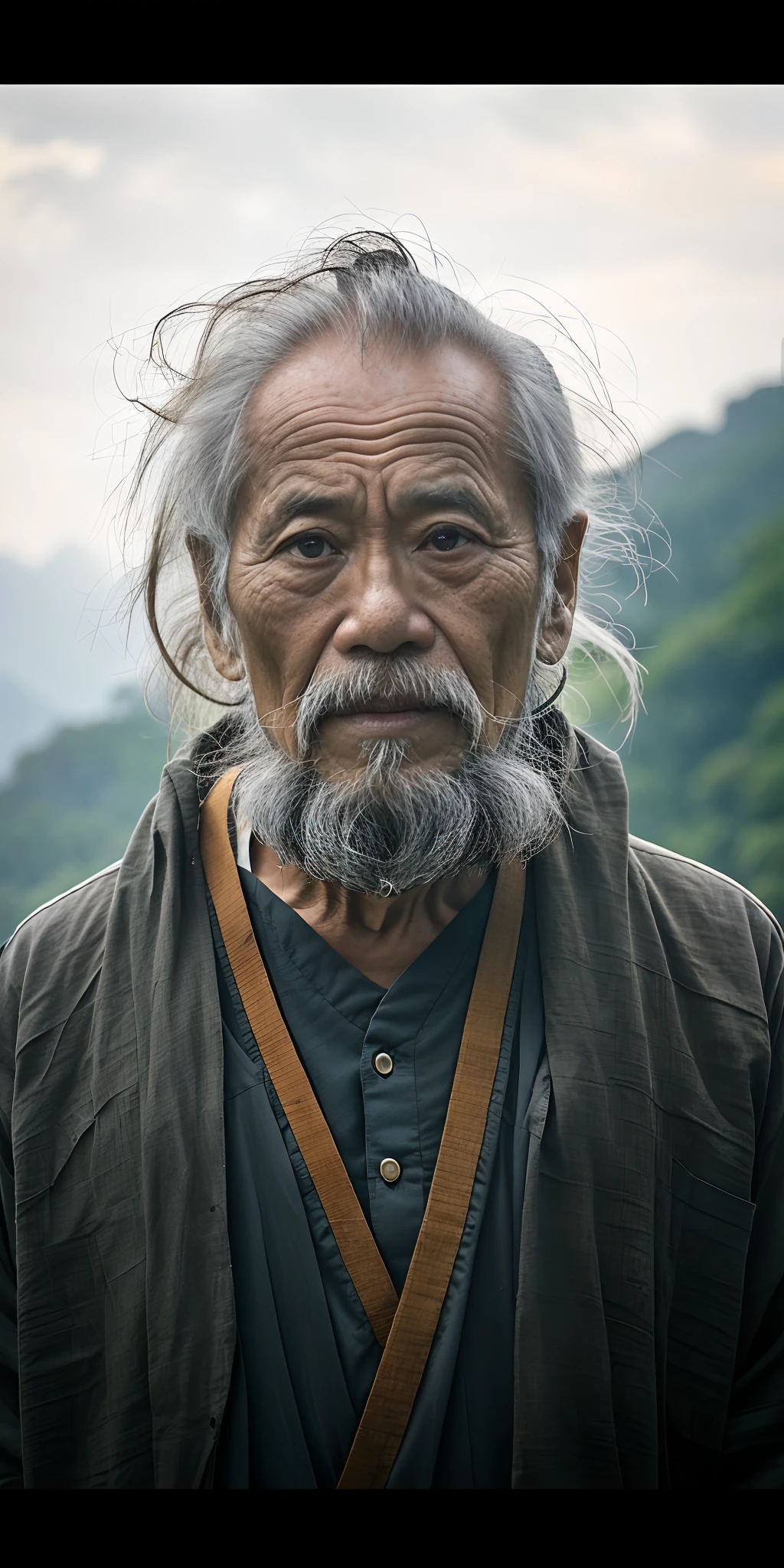 An Indonesia old man with gray hair, big eyes, stands in front of wooden house, portrait, Wise old man, 50mm portrait, An old man, 7 0 mm portrait, old man portrait, 60mm portrait, portrait photo of an old man, portrait featured on unsplash, Asian face, rugged face