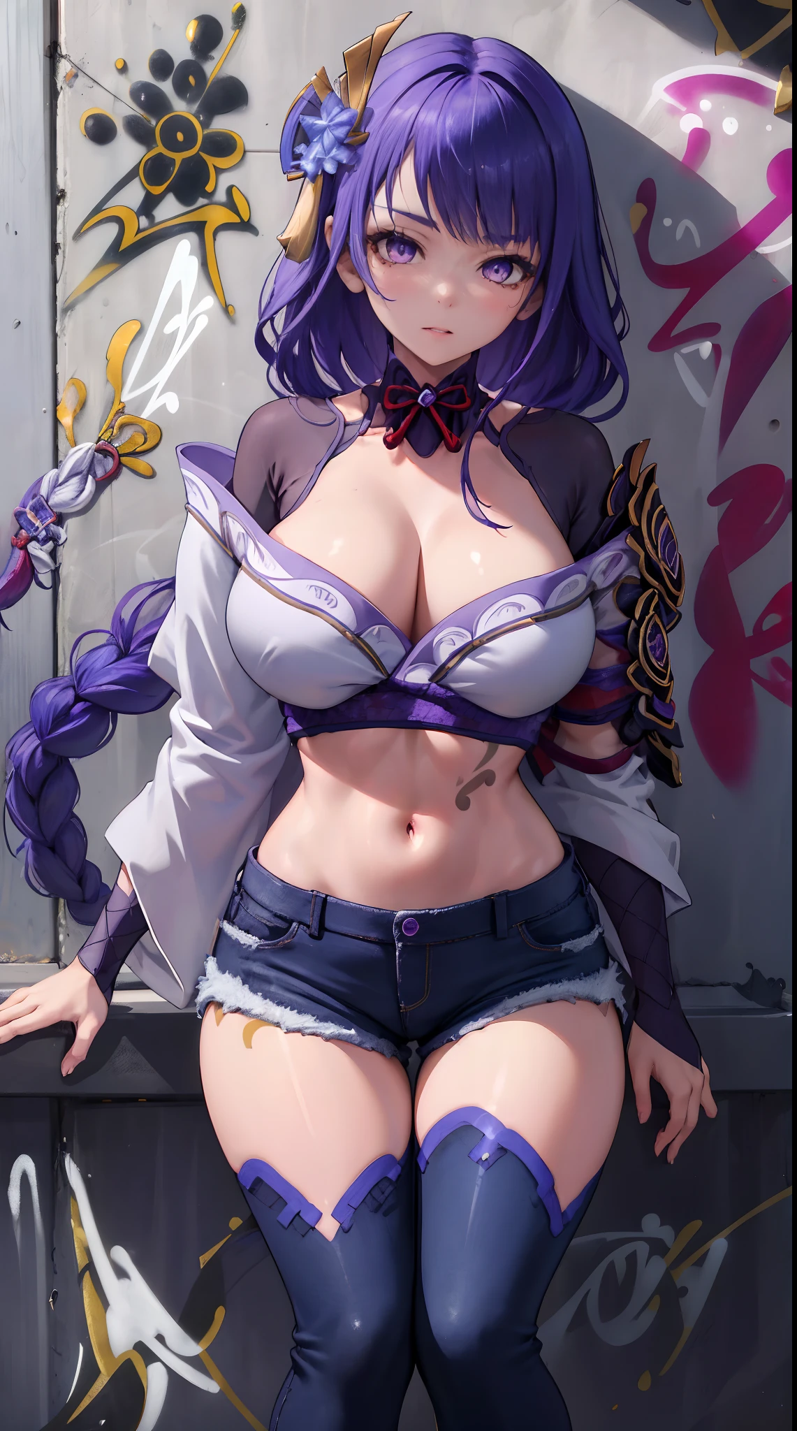 Raiden Shogun Genshin Impact, masterpiece, bestquality, 1girls, bara, crop top, shorts jeans, choker, (Graffiti:1.5), color splashes, arm behind back, against wall, looking at the audience, bracelet, Thigh strap, Paint on the body..............................., Head tilt, bored, multicolored hair, water eyes, headset,
