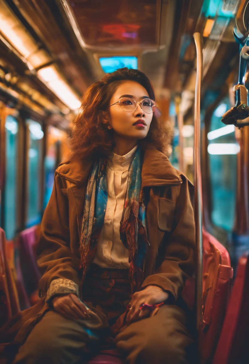 nightshoot, Best quality, masterpiece, very high resolution, beautiful indonesian women, in a brown coat, blue jeans trouser, scarf around her neck,, sit on train, from the inside of train she see a beautiful night metro city,, depth blur. bokeh, cinematic grading