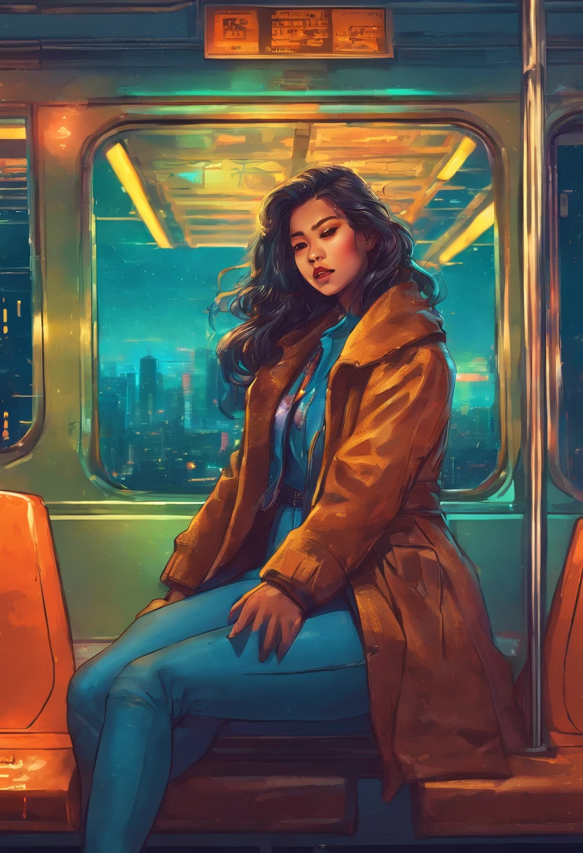 nightshoot, Best quality, masterpiece, very high resolution, beautiful indonesian women, in a brown coat, blue jeans trouser, scarf around her neck,, sit on train, from the inside of train she see a beautiful night metro city,, depth blur. bokeh, cinematic grading