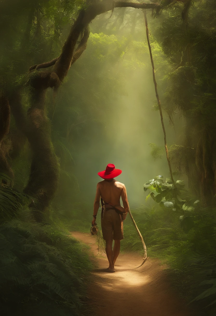 [1] = Create an image of saci-pererê in a Brazilian rainforest setting.
[2] = Details of the saci-pererê with one leg, red hat, pipe and mischievous expression, as he hides behind a tree.
[3] = A dense tropical forest with tall trees, hanging vines, and lush foliage.
[4] = A mysterious and playful atmosphere, where the saci-pererê moves stealthily, creating a feeling of surprise.
[5] = Watercolor painting.
[6] = Using watercolor techniques, highlight the vibrant colors of the forest and the saci-pererê, capturing the lightness and transparency of the paints, --ar 16:9 --v 5