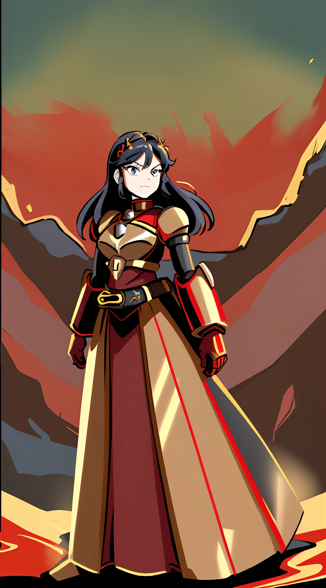 ((Masterpiece, Best Quality)): 1Girl, Princess Ryuko matoi wearing Heavy red black and gold Knight Armor, heavy mech armor, cyber armor red and black, gold belt, heavy red black dress, long hair, long tapered red dress with gold and black highlights, princess armor, long flowing black dress with red highlights and gold waist belt, red mechsuit, looking at viewer at eye-level, full-body, forest background, forest background with large mountains, heavy armored black gold and red dress, looking at viewer with closed smirk, black knight shoulder pauldrons