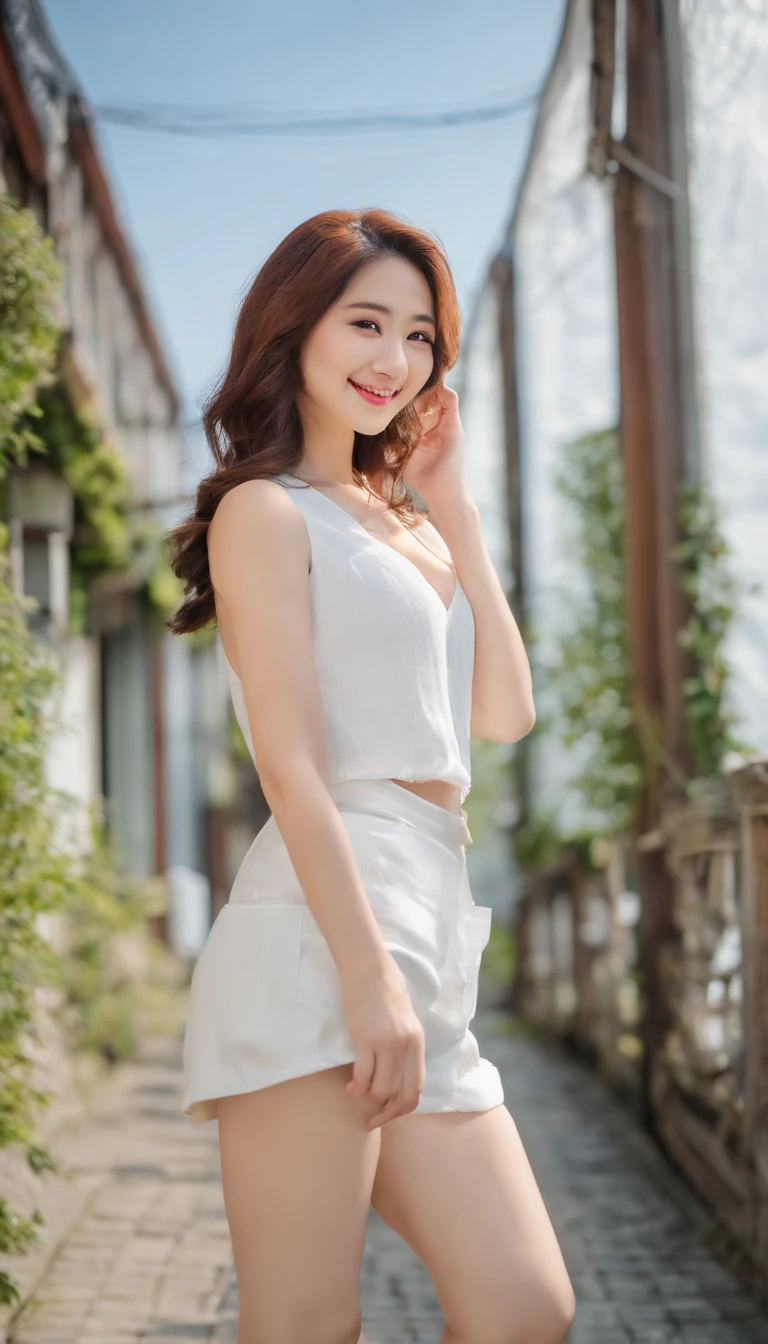 Japan beautiful、Clothes white tank top、A woman in her 20s smiling、Large breasts、kawaii、Full body view of the front、