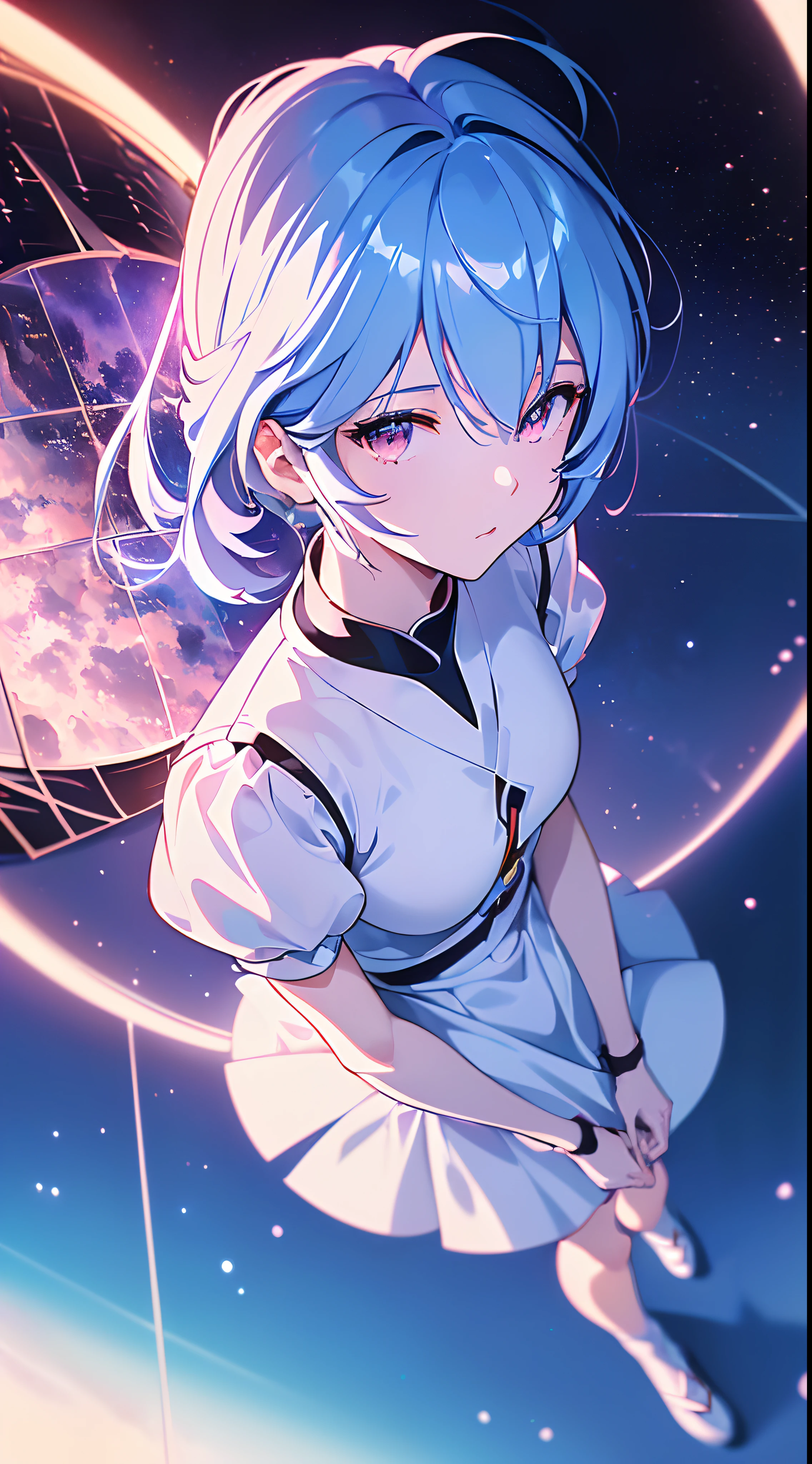 (((ayanami rei:))),((((BREAK,Design an image with a fisheye lens effect, capturing a wide field of view with a distinctive, curved perspective.BREAK,)))1girl,solo,(masterpiece,best quality, official art,aim to viewers, beautiful and aesthetic:1.3),((ultra high res,golden ratio,)) (4k,8k,16k),((from above)),((((seen from above,outer space, floating,))))dynamic lighting, natural lighting,(photon mapping, radiosity, physically-based rendering,automatic white balance), technological sense,Amazing,sharp focus,rich background, (((high detailed skin,)))dynamic lighting,intricate detailed outfit,glowing eyes,watery eyes,((short hair,))deadpan ,skiny, short skirt,button shirt,(masterpiece sidelighting),(bishoujo,lustrous),(sky blue hair,pink eyes,）[[delicate fingers and hands:0.55]::0.85],(detail fingers),(((Ultra Photographic Quality,ultra wide angles)))),((incredibly absurdres)),full body shot,((extremely_detailed_eyes_and_face)),(disheveled hair),FilmGirl,(dynamic configuration: 1.1),Brilliant,drifting through a Nebula,stylish pose,ethereal atmosphere, dreamy trails, time-lapse effect, glossy finish, ,striking contrast,