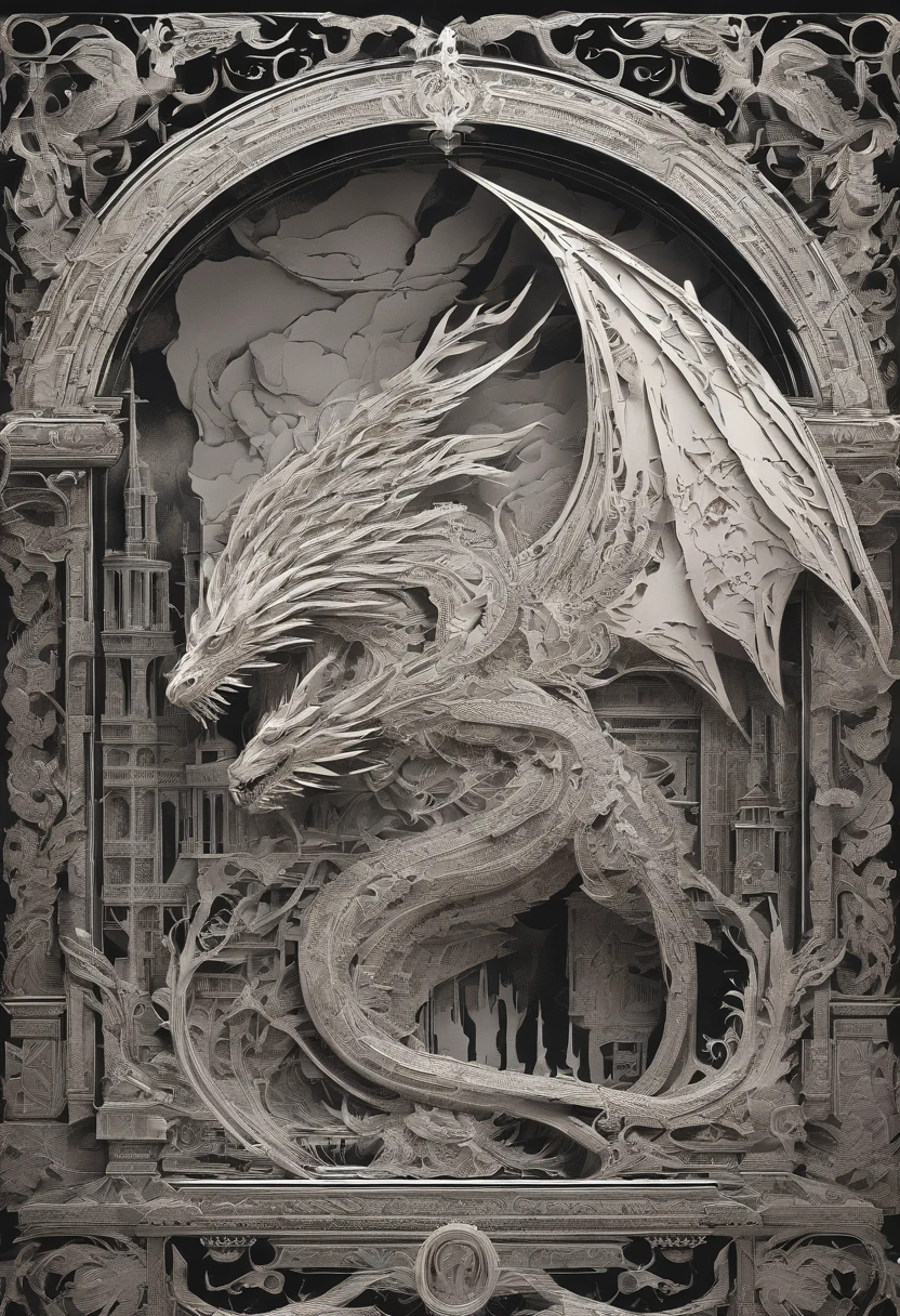 Best Quality, Top image quality, Top resolution, Intricate details, Craftsmanship, (Papercut:1.3), The work of a magician with fire magic, Ring of Fire, Dragon engulfed in flames, Cutting framed paper, Museum, Protruding from the flame of the flame, Actual Paper Burning, fire, Real Fire