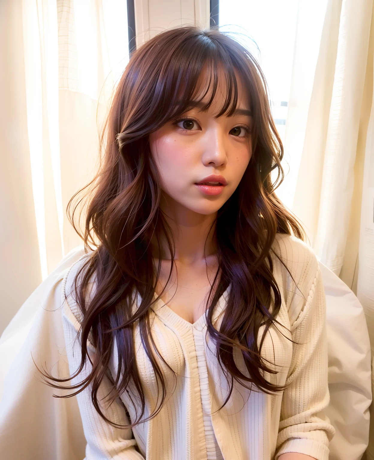 The top is knitted,wavy shoulder-length hair, Curtain bangs, long hair with bangs, Bangs and wavy hair, Central cracked curtain bangs, Long brown hair with bangs, bae suzy, ulzzang, white hime cut hairstyle, the hime cut, with long hair, Long hair with full bangs, Dynamic Wave Hair