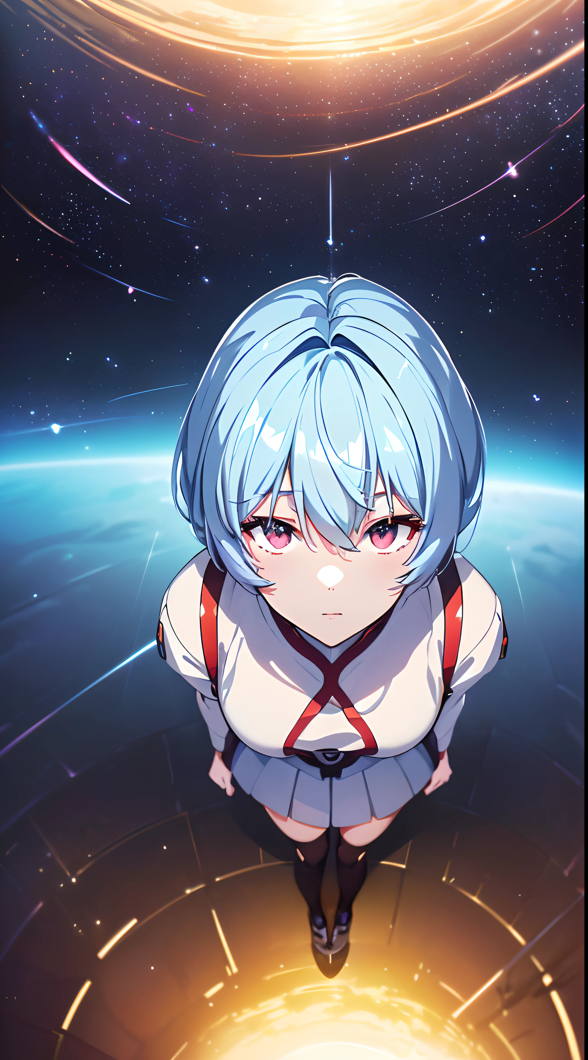 (((ayanami rei:))),((((BREAK,Design an image with a fisheye lens effect, capturing a wide field of view with a distinctive, curved perspective:1.7.BREAK,)))1girl,solo,(masterpiece,best quality, official art,aim to viewers, beautiful and aesthetic:1.3),((ultra high res,golden ratio,)) (4k,8k,16k),((from above)),((((seen from above,outer space, floating,))))dynamic lighting, natural lighting,(photon mapping, radiosity, physically-based rendering,automatic white balance), technological sense,Amazing,sharp focus,rich background, (((high detailed skin,)))dynamic lighting,intricate detailed outfit,glowing eyes,watery eyes,((short hair,))deadpan ,skiny, short skirt,button shirt,(masterpiece sidelighting),(bishoujo,lustrous),(sky blue hair,pink eyes,）[[delicate fingers and hands:0.55]::0.85],(detail fingers),(((Ultra Photographic Quality,ultra wide angles)))),((incredibly absurdres)),full body shot,((extremely_detailed_eyes_and_face)),(disheveled hair),FilmGirl,(dynamic configuration: 1.1),Brilliant,drifting through a Nebula,stylish pose,ethereal atmosphere, dreamy trails, time-lapse effect, glossy finish, ,striking contrast,