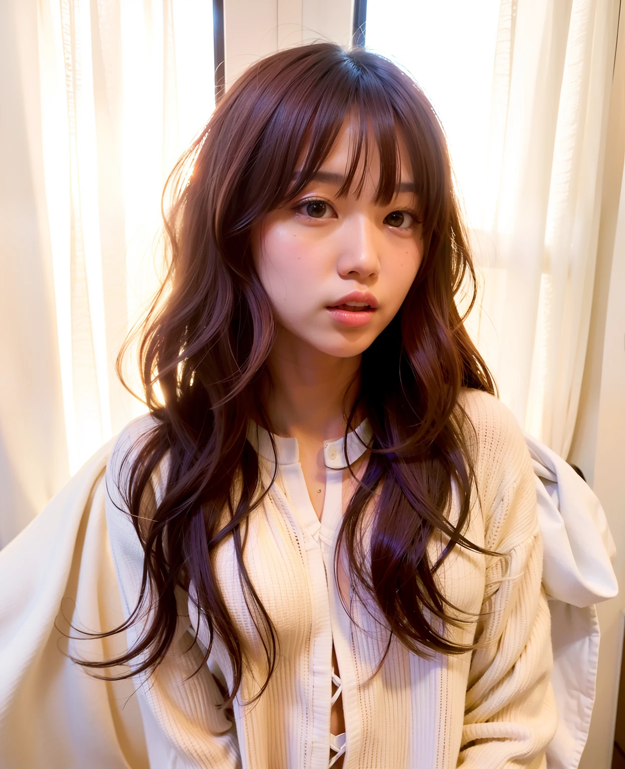 The top is a v-neck shirt,The face is a Korean woman in her 40s,wavy shoulder-length hair, Curtain bangs, long hair with bangs, Bangs and wavy hair, Central cracked curtain bangs, Long brown hair with bangs, bae suzy, ulzzang, white hime cut hairstyle, the hime cut, with long hair, Long hair with full bangs, Dynamic Wave Hair