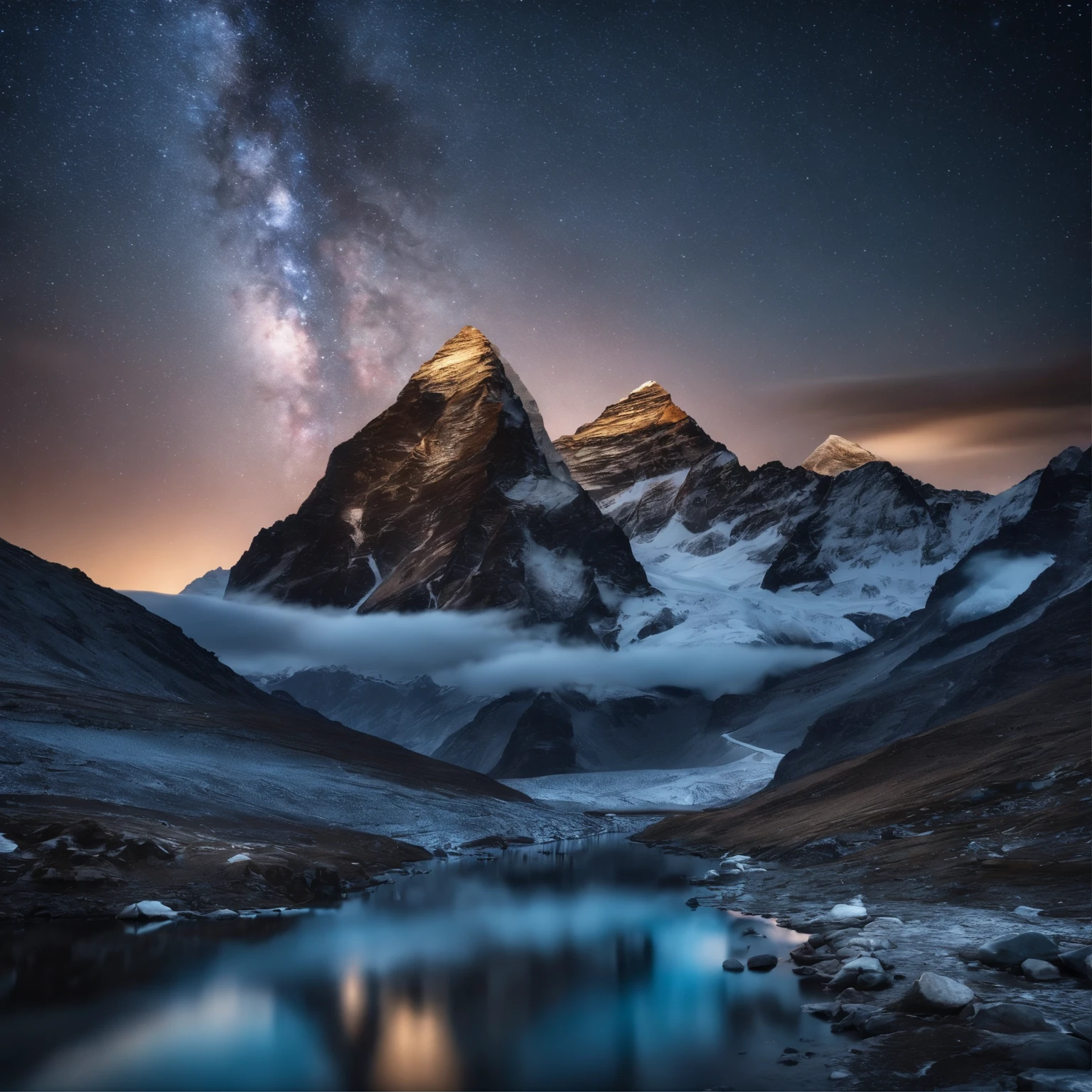 Master Parts、Superior Quality、superior image quality、The 8k quality、Beautiful pictures of the starry sky、magnifica、Arched Milky Way:1.9、Mount Everest