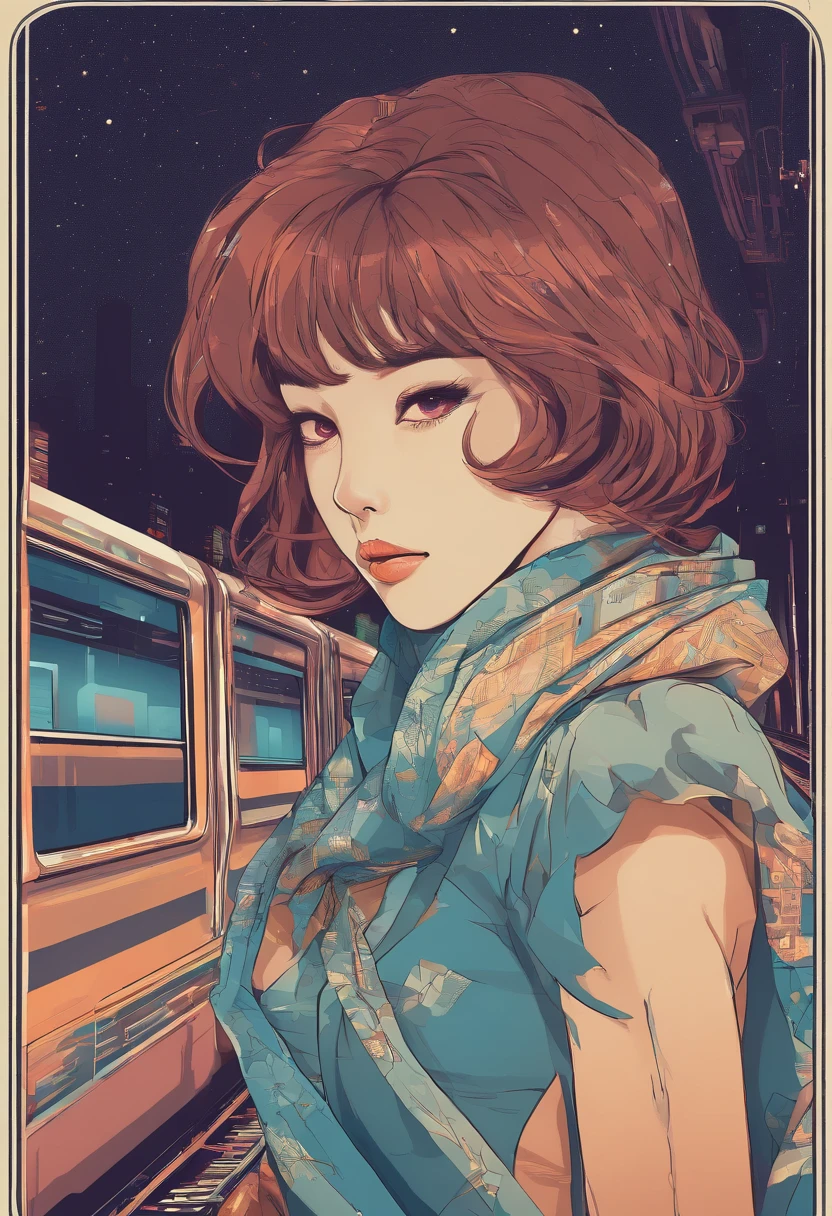 nightshoot, Best quality, masterpiece, very high resolution, beautiful indonesian women,  in a brown coat,   blue jeans trouser,  scarf around her neck,,  sit on train, from the inside of train she see a beautiful night metro city,, depth blur. bokeh, cinematic grading