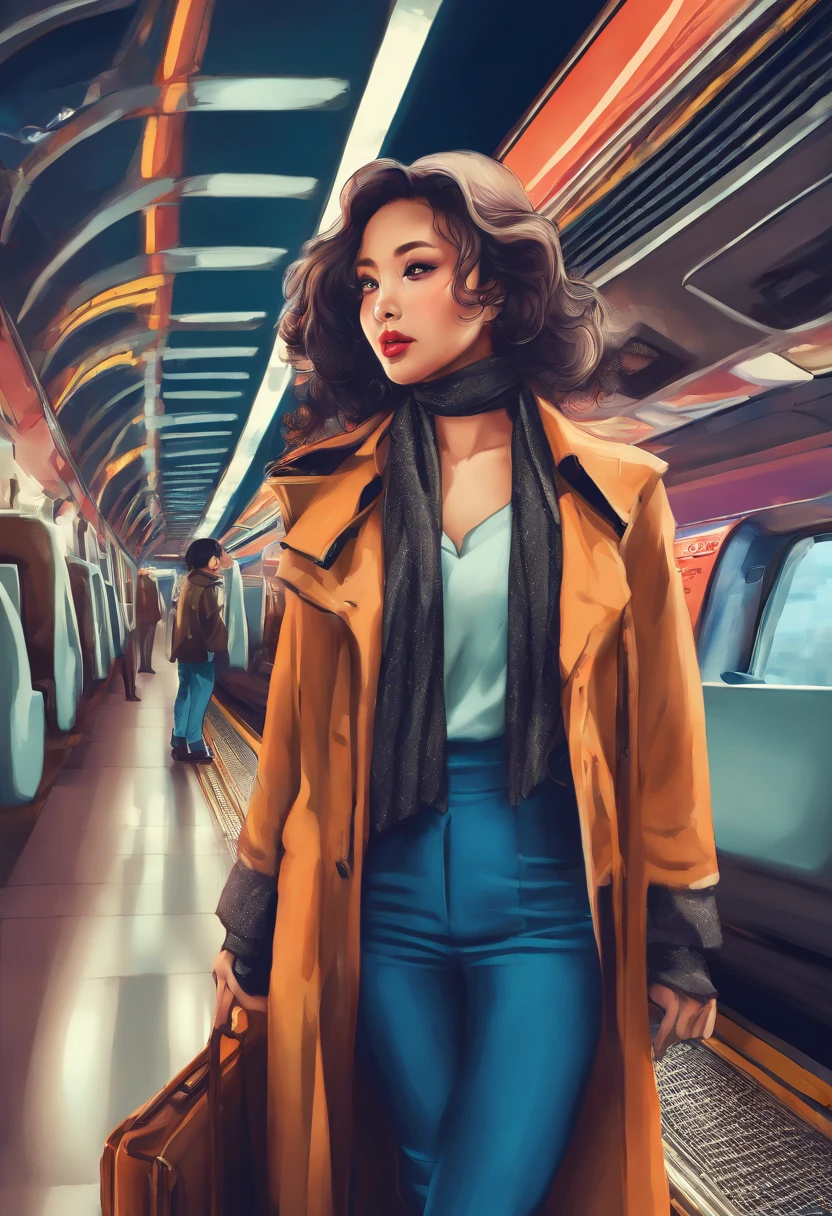 nightshoot, Best quality, masterpiece, very high resolution, beautiful indonesian women,  in a brown coat,   blue jeans trouser,  scarf around her neck,,  sit on train, from the inside of train she see a beautiful night metro city,, depth blur. bokeh, cinematic grading