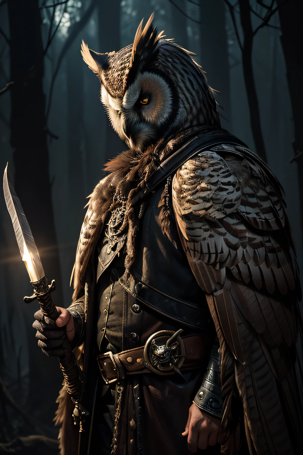 (best quality,highres,ultra-detailed,realistic:1.2),hybrid between human and owl,owl-headed man,carrying a blunderbuss resting on the shoulders,pirate style,dark fantasy style,feathers,sharp beak,large expressive eyes,intense gaze,mysterious atmosphere,moonlit background,feathered cape,leather armor,tattered clothes,ominous lighting,contrasting shadows,haunting color palette,attention to facial details,sculpted feathers,weathered and aged appearance,blend of human and owl-like features,gritty texture,foreboding presence,dimly lit forest,ethereal feel