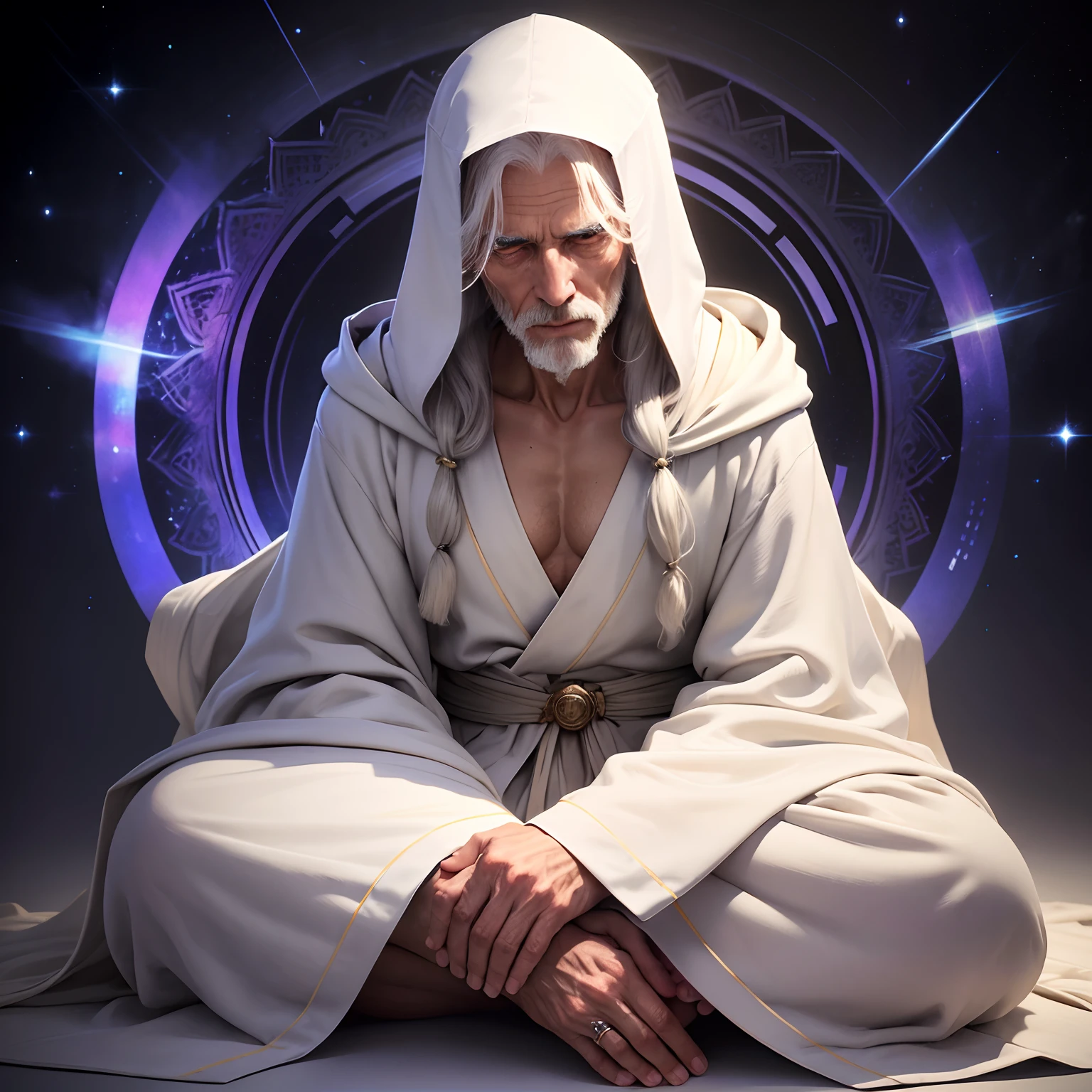 masterpiece, ultra detail, good posture, oldman long white hair wearing grey robe hoody, he cover his head with robe, very wise, colse eye, peaceful expression, soft smiling, detail micro expression, sitting meditation pose, at centre his heart shinning 4 pointed star with sinbow halo. galactic intersellar dark backgroud.