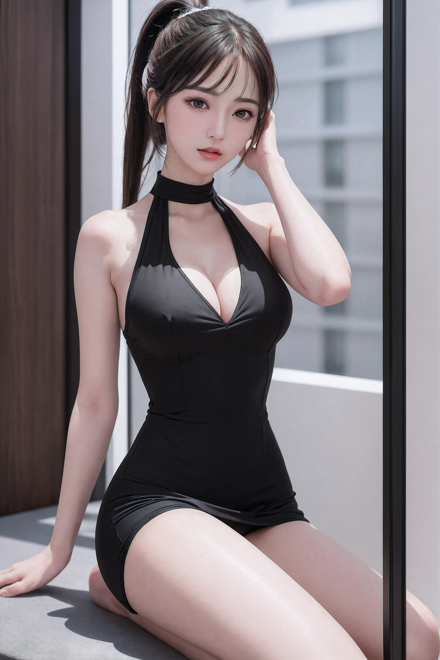 (((1ponytail hair girl:1.3, solo))), (a extremely pretty and beautiful milf:1.3), (22 years old: 1.1), (from below:1.3), (low angle:1.3), ((girl on top:1.5)), (arms up on head:1.3), (spread legs:1.3), view viewer, (exhibit), (in the glass coverd smalll showcase:1.3),
break,
(up-ponytail:1.3), (shiny-black thin hair:1.2), bangs, dark brown eyes, beautiful eyes, princess eyes, bangs, Hair between eyes, short hair:1.3, slender, (gigantic breasts:1.3, sagging breasts:1.3, disproportionate breasts;1.3), (thin waist: 1.3), (detailed beautiful girl: 1.4), Parted lips, Red lips, full-make-up face, (shiny skin), ((Perfect Female Body)), (upper body Image:1.3), Perfect Anatomy, Perfect Proportions, (most beautiful Asian actress face:1.3, extremely cute and beautiful Korean idol face:1.3), (seductive emotion:1.3), (blowjob face:1.3, open mouth:1.3),
BREAK,
(wearing a black luxury formal skin tight dress:1.3), (halter-neck dress:1.3), (barefoot:1.3), detailed clothes,
BREAK,
showroom effect, staged compositions, polished presentation, sleek visuals, idealized environments, aspirational design,
BREAK,
(Realistic, Photorealistic: 1.37), (Masterpiece, Best Quality: 1.2), (Ultra High Resolution: 1.2), (RAW Photo: 1.2), (Sharp Focus: 1.3), (Face Focus: 1.2), (Ultra Detailed CG Unified 8k Wallpaper: 1.2), (Beautiful Skin: 1.2), (pale Skin:1.3), (Hyper Sharp Focus: 1.5), (Ultra Sharp Focus: 1.5), (Beautiful pretty face: 1.3), (super detailed background, detail background: 1.3), Ultra Realistic Photo, Hyper Sharp Image, Hyper Detail Image,