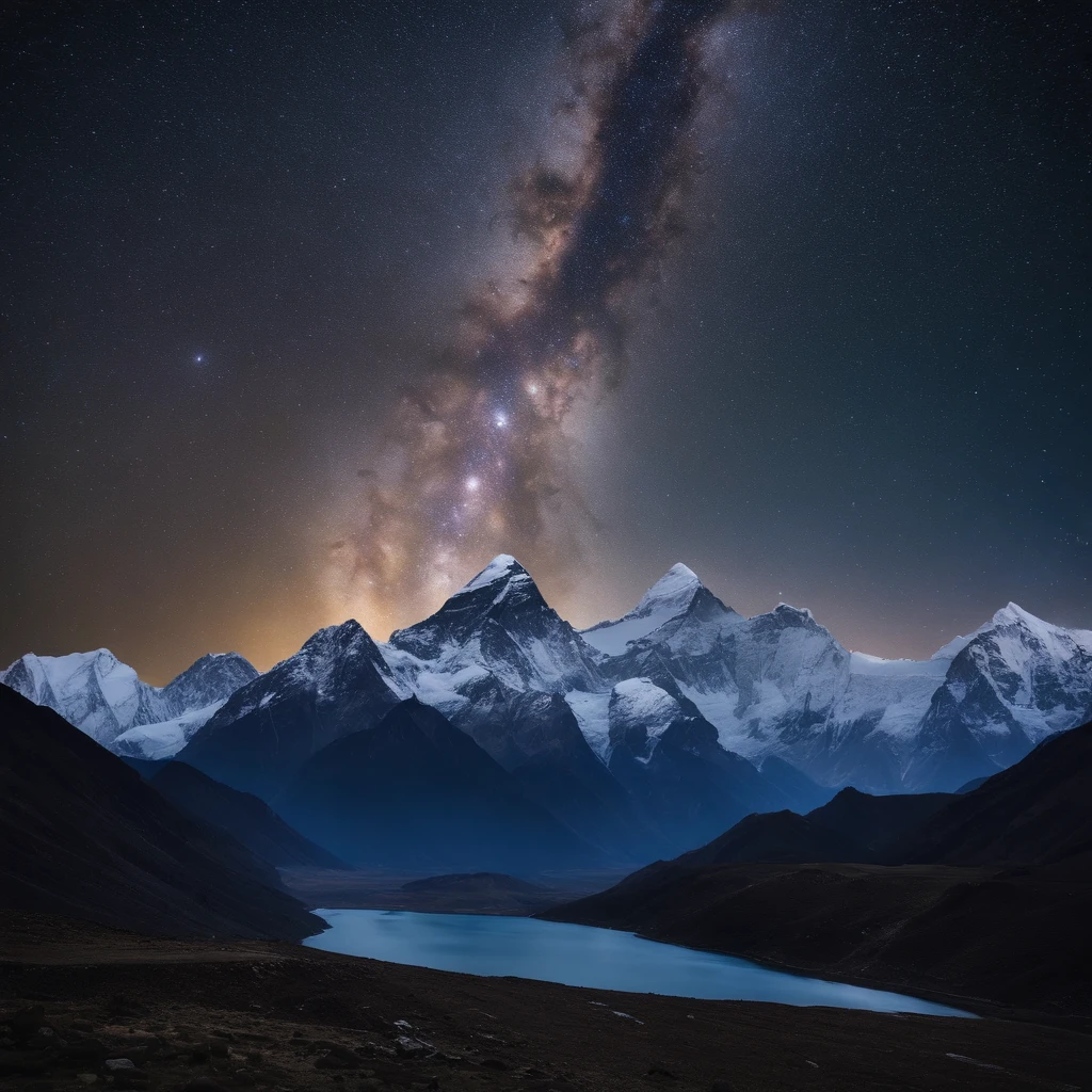 Master Parts、Superior Quality、superior image quality、The 8k quality、Beautiful pictures of the starry sky、magnifica、Arched Milky Way:1.9、Mount Everest
